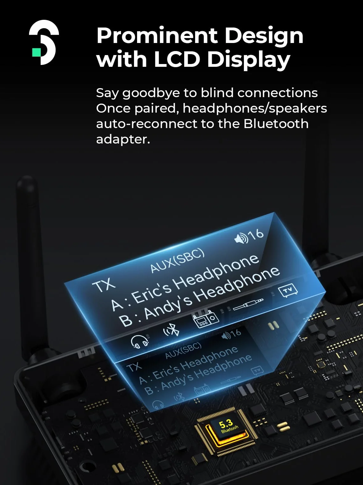 SOOMFON Bluetooth 5.3 Transmisor Receptor, 3 en 1 Bluetooth Adaptador Audio con AUX 3.5mm/RCA/Óptico, Adaptador Doble Conexión, Receptor Emisor para TV/Auriculares/Sistemas de Sonido