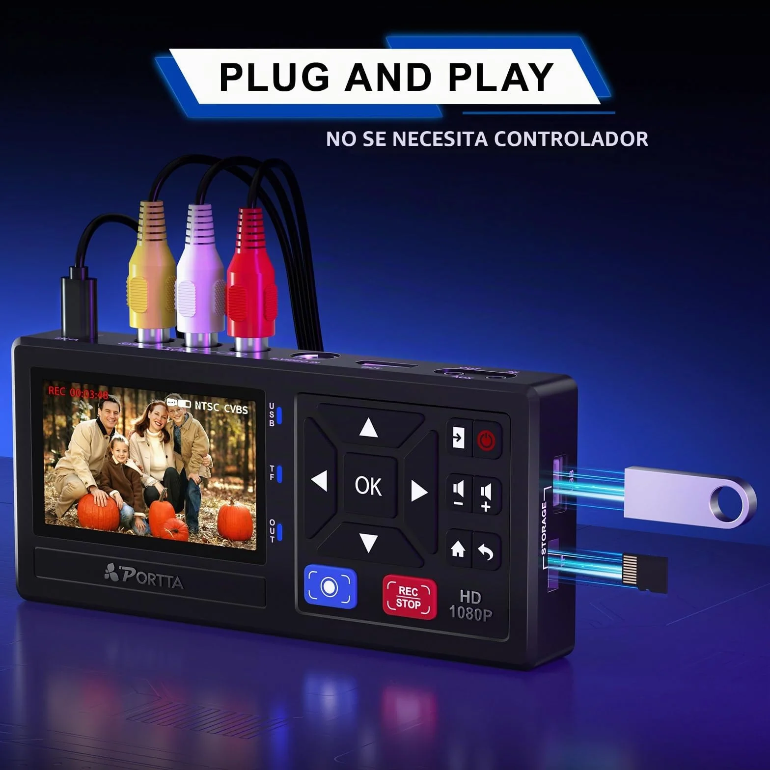 Portta VHS to Digital Convertidor, VHS a Digital Grabador con Remote, RCA to HDMI Converter Compatible con VHS, VCR, DVR, DVD, Hi8, Mini DV, Camcorder, Cassette Tape, Gaming Consoles