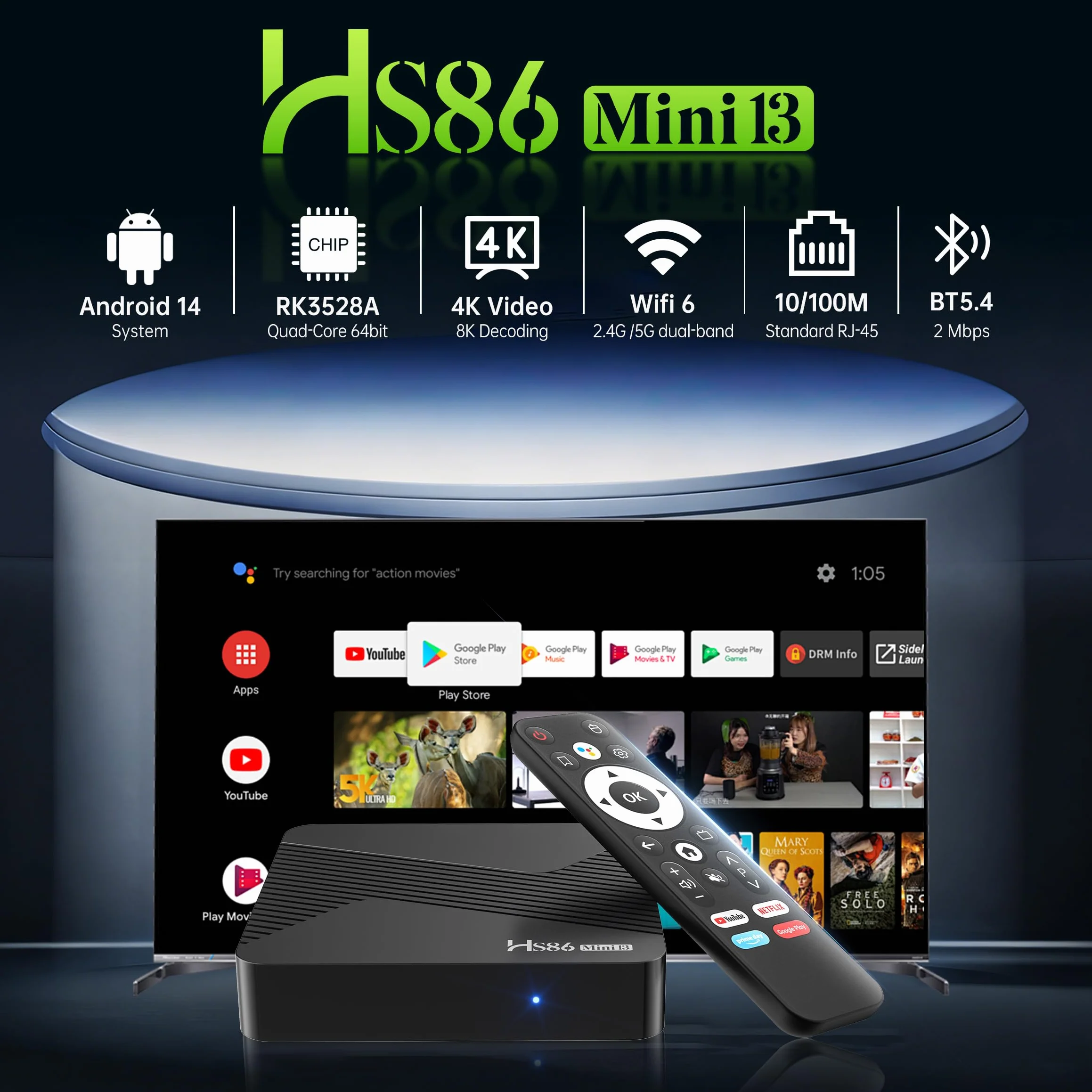 Android TV Box 2GB RAM 16GB ROM RK3528 Quad-Core Dual WiFi 100M Ethernet 8K Smart TV Box