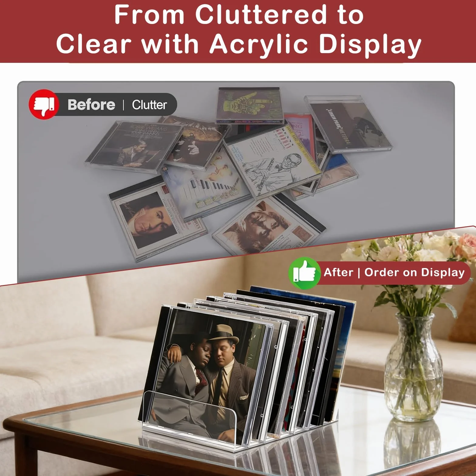 4 Piezas Estante para CD de Acrílico Transparente Exhibidor para DVD/Blu-ray Organizador Vertical con Múltiples Compartimentos Almacenamiento para Videojuegos, Libros, Cosméticos Estante de Escritorio