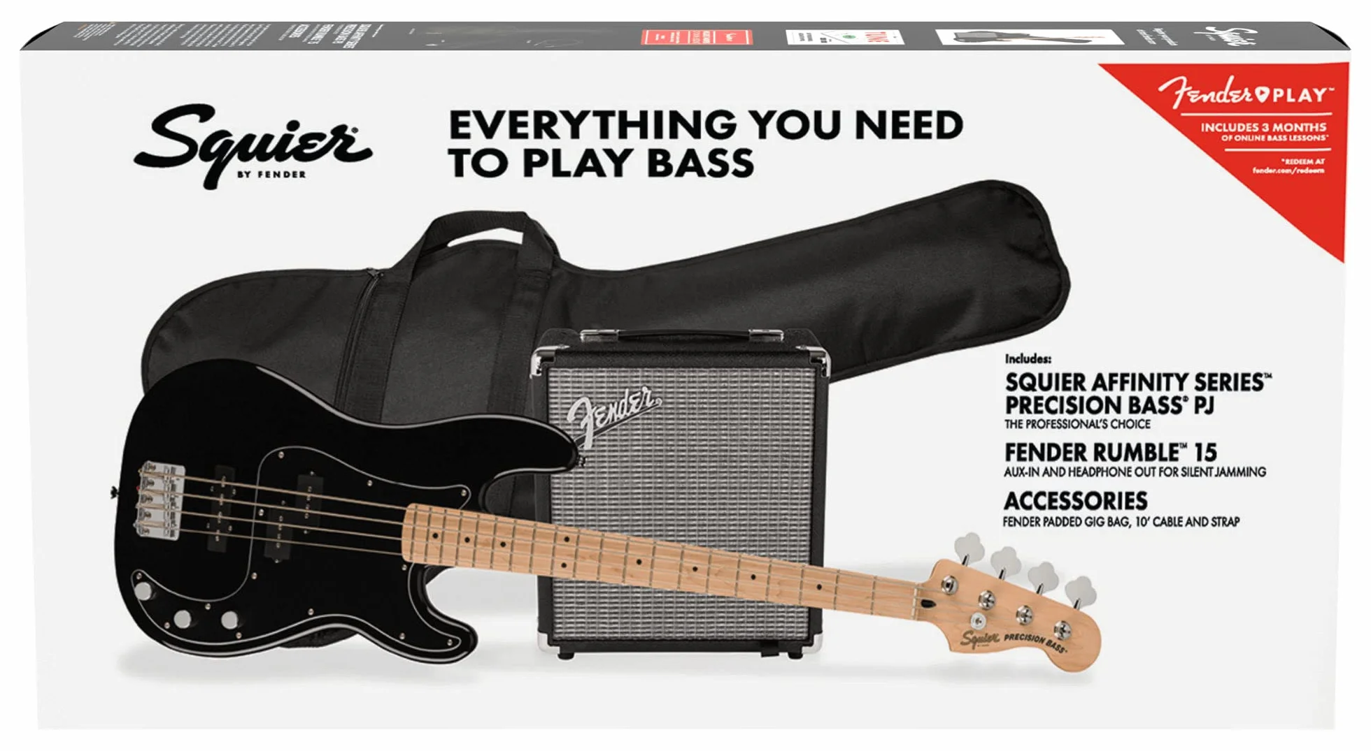 Squier by Fender Affinity Precision Bass Pack, diapasón de arce, negro, bolsa de trabajo, Rumble 15 EU