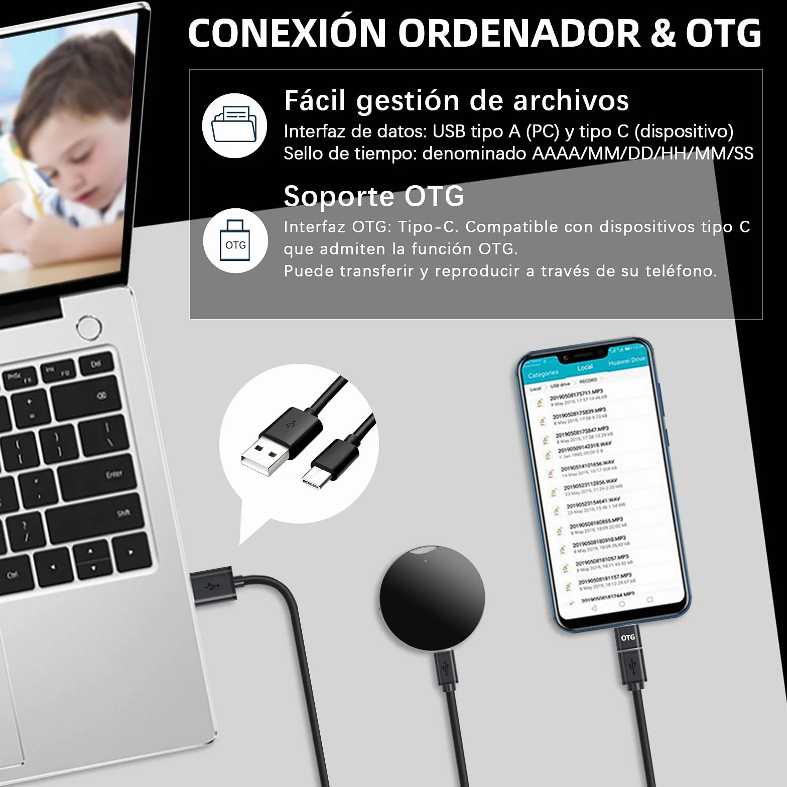16GB Grabadora de Voz Profesional con Reproducción y OTG, Redonda Portátil Grabadora Activacion por Voz, hasta 192 Horas Grabación y 32 Horas Batería, Pequeño Dispositivo de Grabación
