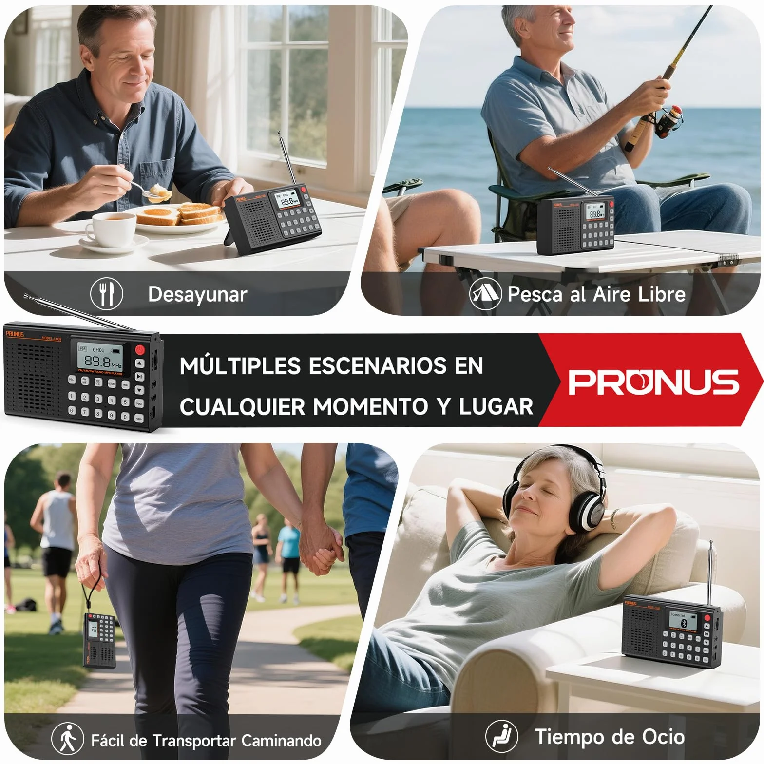 PRUNUS J-168 FM/Am/SW Radio Digital con Preajuste Manual, Radio Portatil Pequeña Recargable de 2000mah, Temporizador de Sueño, Excelente Recepción, Radios con Bluetooth 5.0, Reproductor de TF.