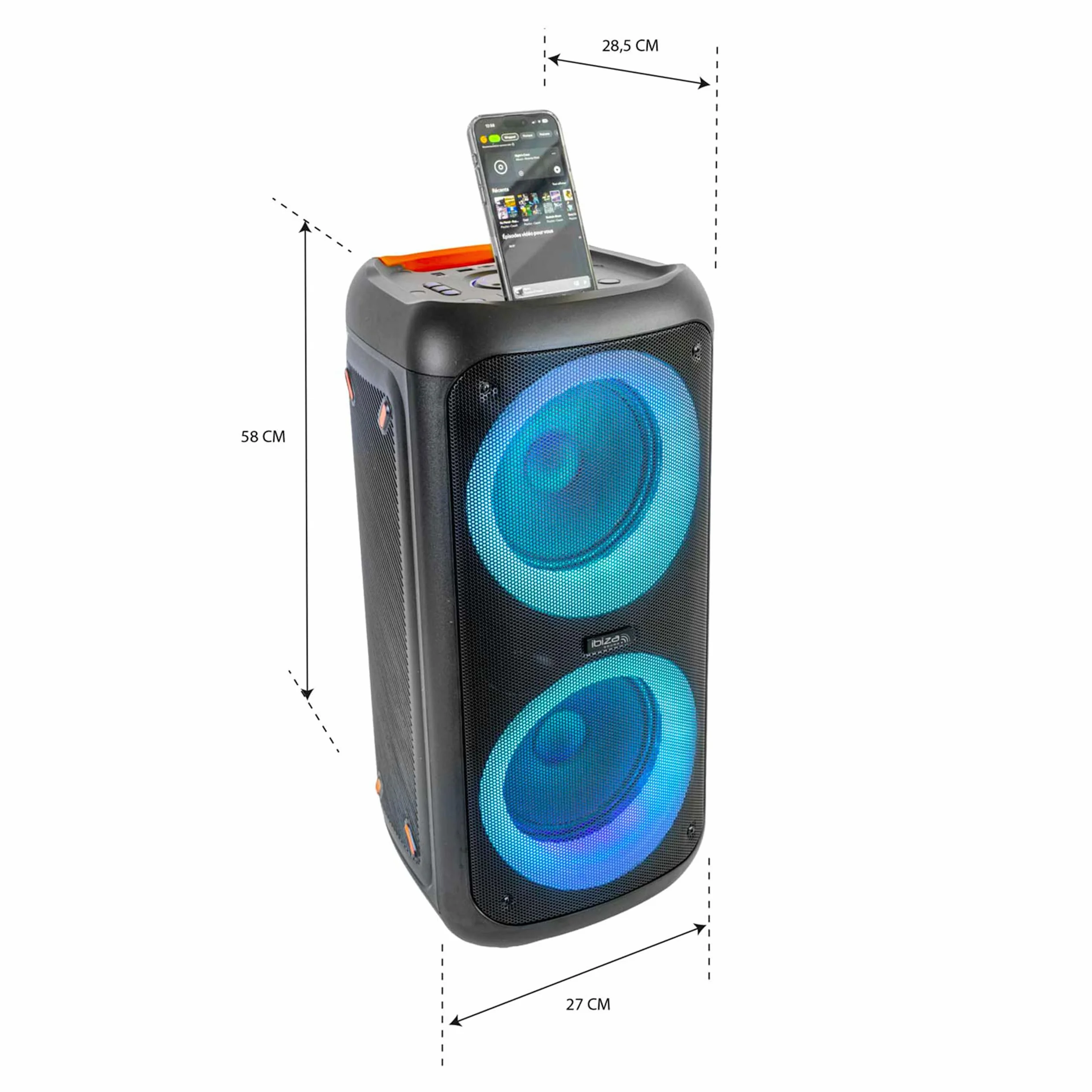 Ibiza ERIS400 Altavoz Bluetooth portátil con batería y LED – 2 woofers iluminados – TWS – USB, MicroSD, AUX – Micrófono con Cable Incluido – Trolley, Ruedas – Ideal para Fiestas y Karaoke