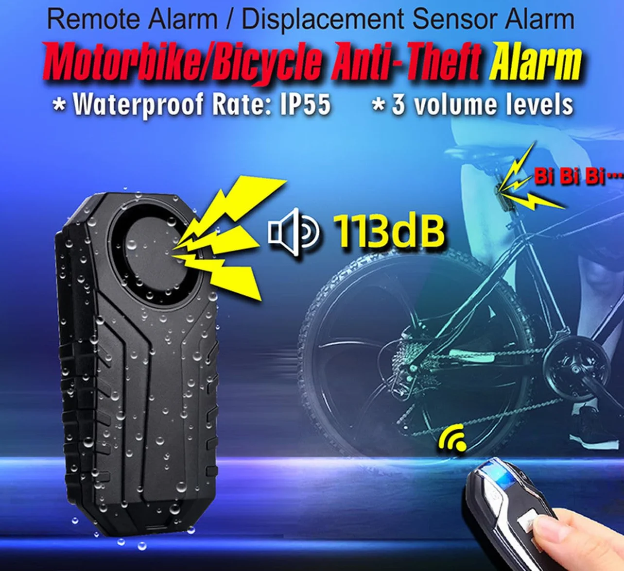 Alarma de Bicicleta Actualizada Sensor de Movimiento de Vibración Inalámbrico a Prueba de Agua Antirrobo 113dB con Control Remoto para Bicicletas Motocicletas Coche Scooter Vehículos