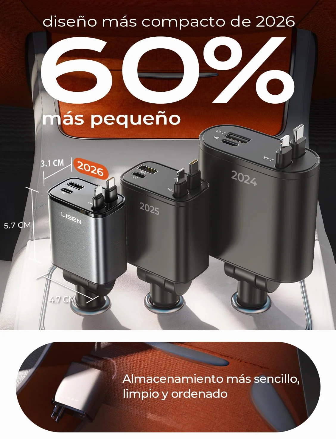 LISEN 84W Cargador Coche Carga Rápida Retráctil USB-C PD45W 12/24V para iPhone 17 13 Xiaomi iPad Tablet Kindle