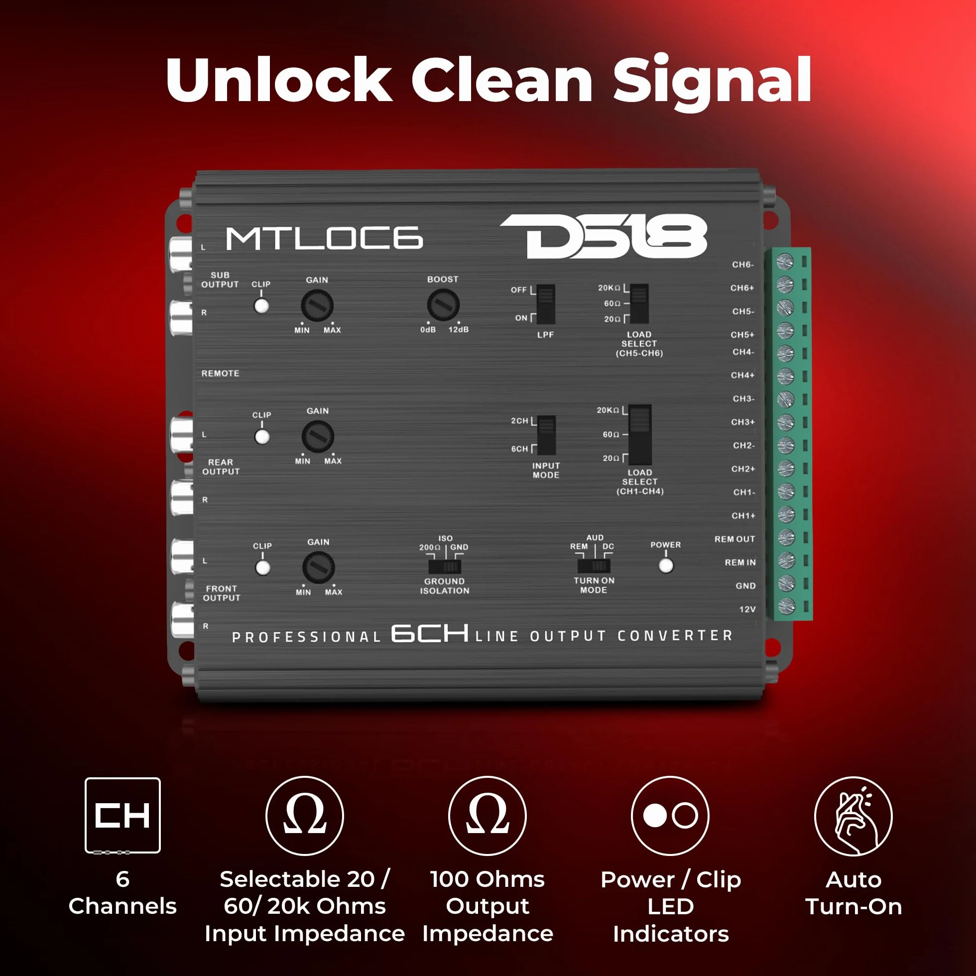 DS18 MTLOC6 - Convertidor de salida de línea de 6 canales de alto a bajo con encendido remoto | Impedancia de entrada seleccionable de 20/60/20 kΩ | Carcasa de aluminio con refuerzo de graves (0-12 dB