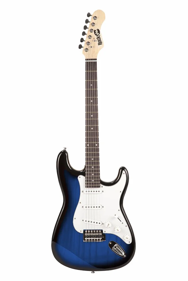 Kit de guitarra eléctrica RockJam de tamaño completo con amplificador de guitarra de 20 vatios, lecciones, correa, estuche, púas, trémolo, cuerdas de plomo y de repuesto - Explosión Azul