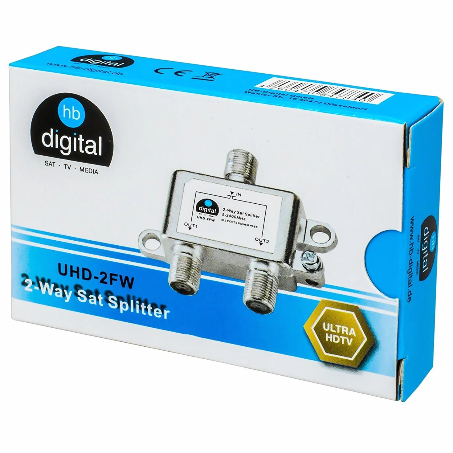 HB-DIGITAL SAT - BK - UKW - divisor de 2 vías 5-2400 MHz digital analógico - apto totalmente blindado con paso de tensión SAT DVB-S DVB-S2 FM TV por cable DVB-C + F-enchufe a juego