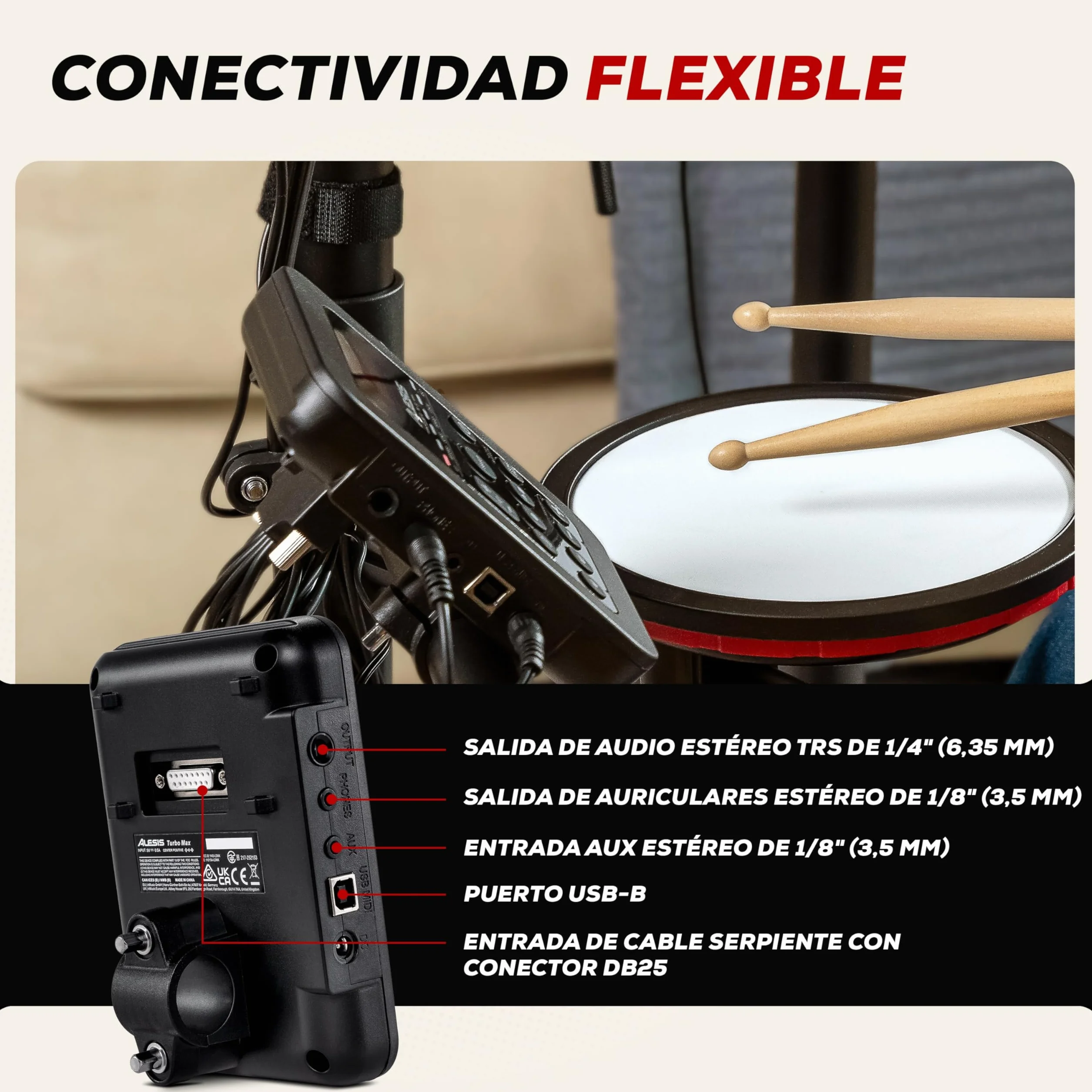 Alesis Turbo Max Set de Batería Eléctronica con Parches de Malla Silenciosos de 8 Pulgadas, Lecciones de Percusión, Bluetooth y Accesorios