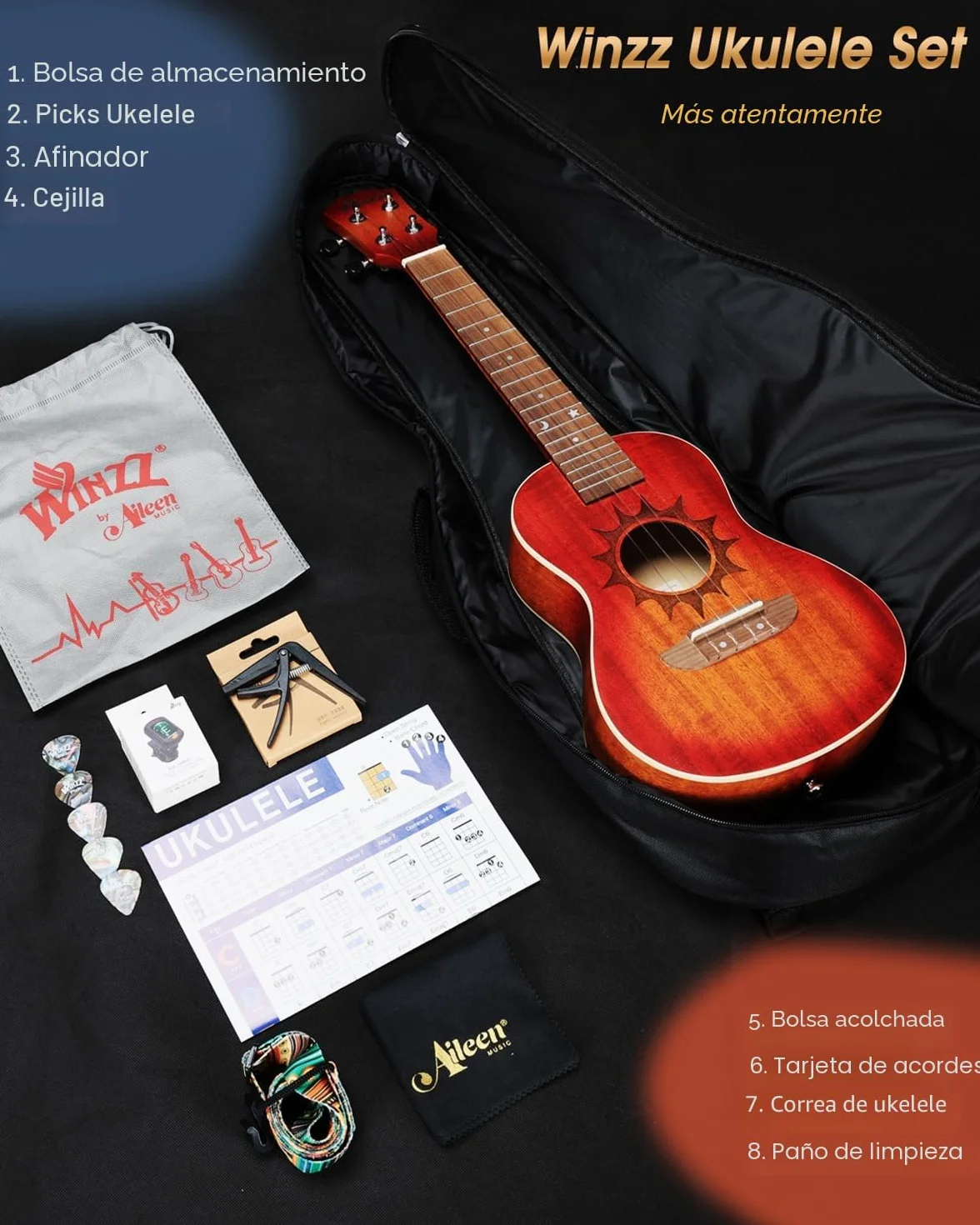 Winzz Ukulele Concierto Adulto 23 Pulgadas Principiante Set Madera De Caoba, Niños Principiantes, Ukelele Único Comprar Regalos (Cuerdas de Carbono, Mate Sunburst)