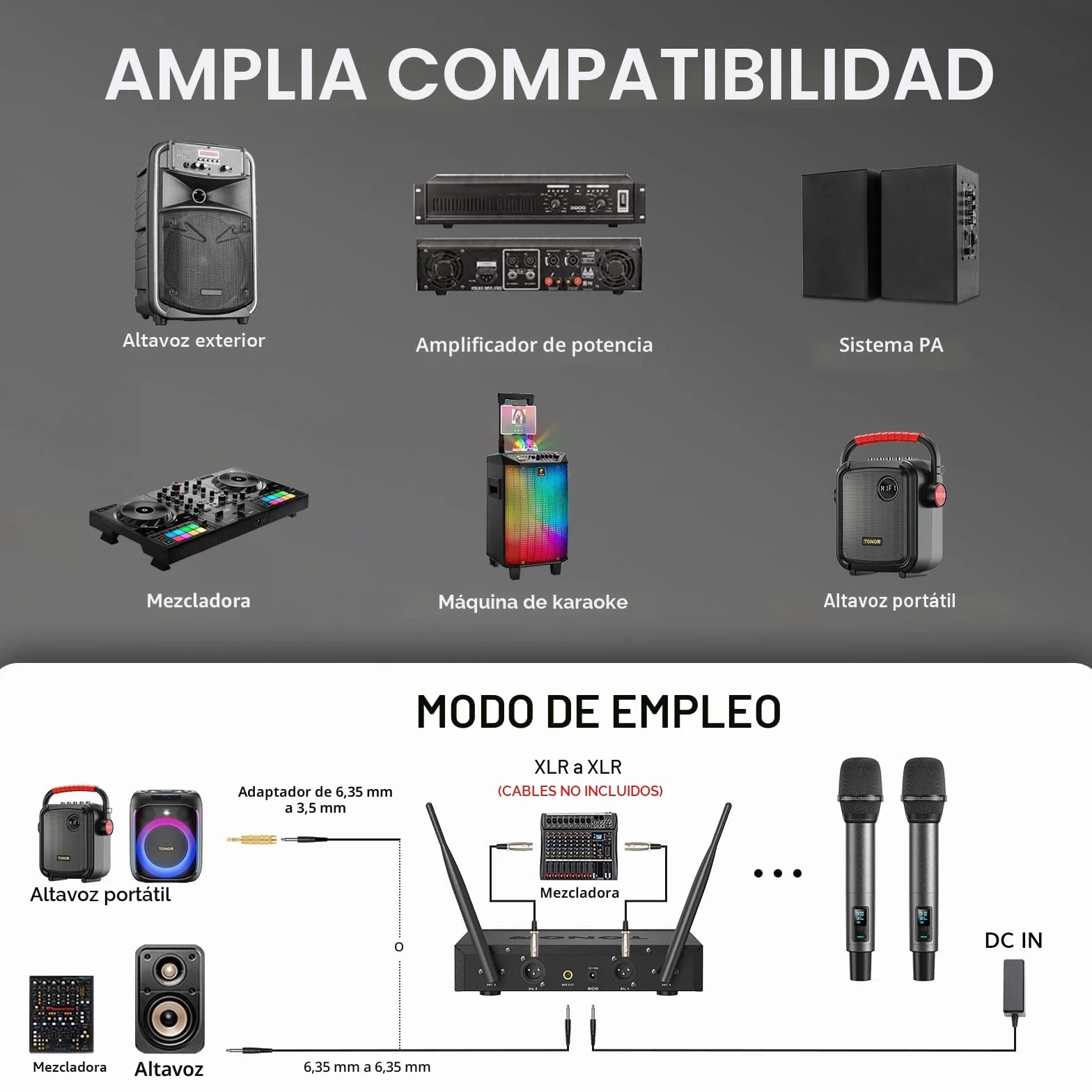 TONOR Sistema de Micrófono Inalámbrico, Micrófono Profesional Recargable, Micrófono Dinámico Inalámbrico de Metal UHF 2x100 para KaraokeIglesia, Canto, Bodas, Reuniones, DJ, Auto Scan, 80 M, TW550