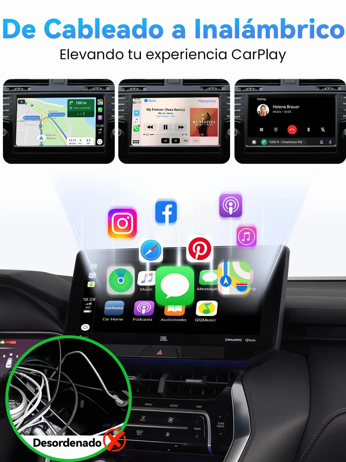 Adaptador Carplay Inalámbrico S2 Mini para iPhone, USB A/C, iOS 10+, Coches 2016+ (Negro)
