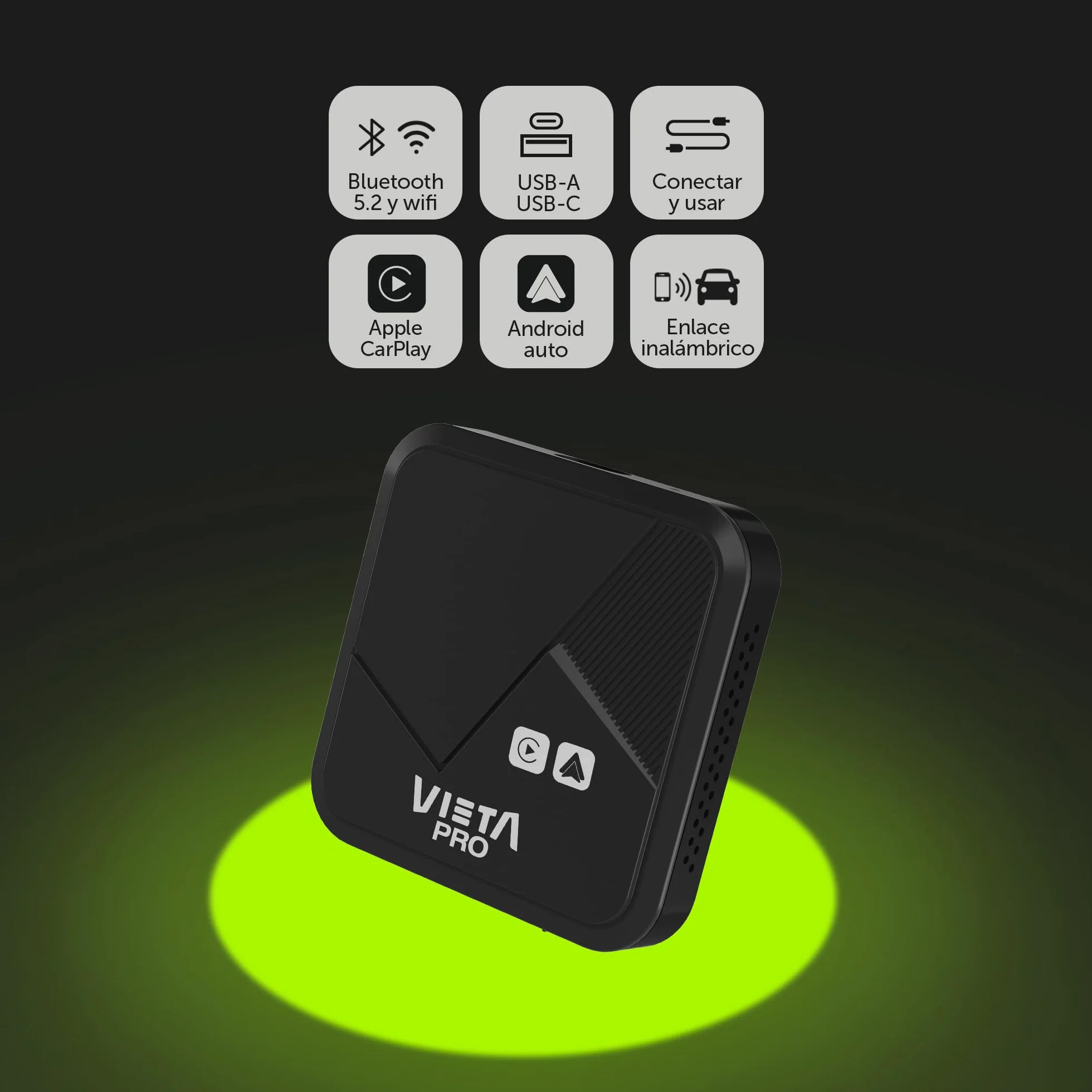 Vieta Pro | Adaptador CarPlay Inalámbrico y Android Auto para Coche sin Cables. Transformador Bluetooth 5.2, USB-C y WiFi para conectar el iPhone o el Smartphone sin Cables al vehículo | AirDrive