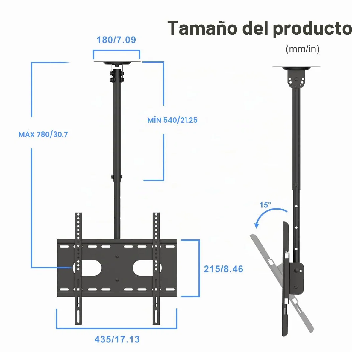 Suptek Soporte TV Techo 26-65 Pulgadas Altura Ajustable 43-70cm 45kg VESA 200x200 Inclinación 15° Giro 90° Rotación 360°