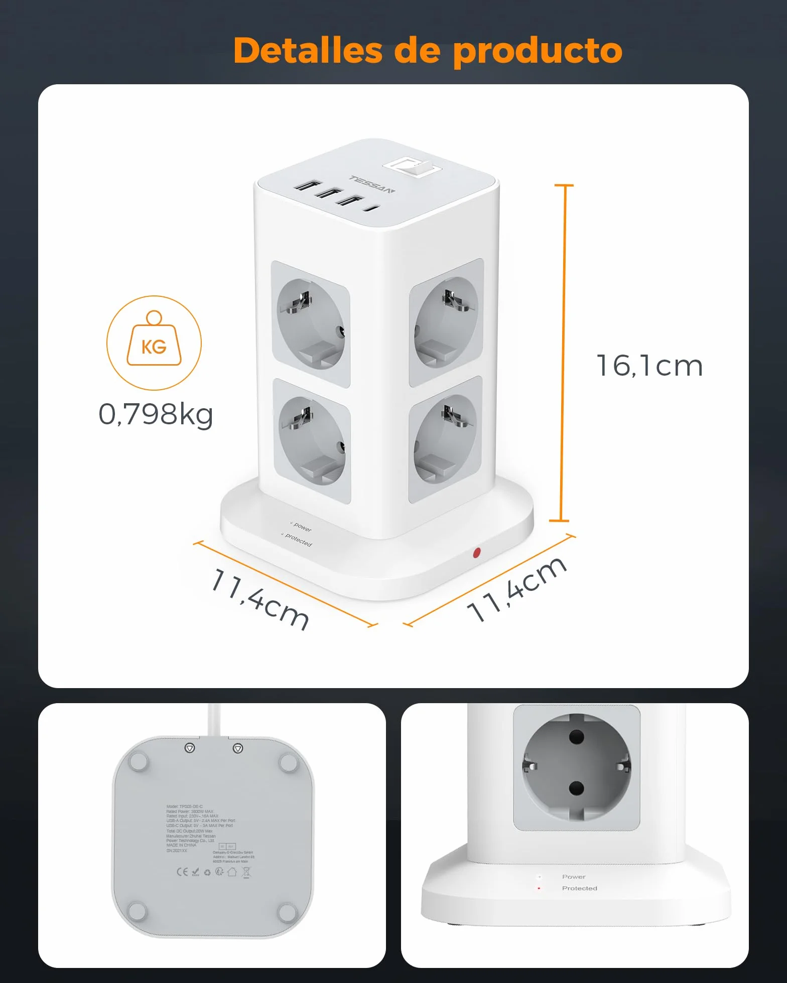 TESSAN Regletas Enchufes Proteccion Sobretension 8 Tomas con 3 USB A y 1 USB C, Torre Enchufes Vertical con Interruptor, 2 Metros Extension Cord, Alargador Enchufe 3600W para Oficina, Casa, Gray
