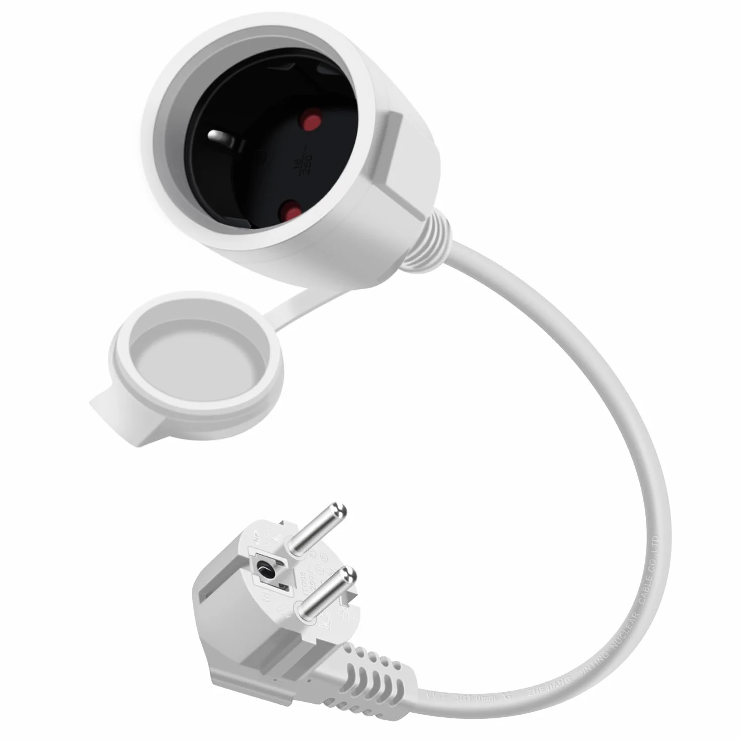 Cable Extensión Schuko 90 Grados 16A 250V IP44 Alargador Macho Hembra 0.5m Blanco