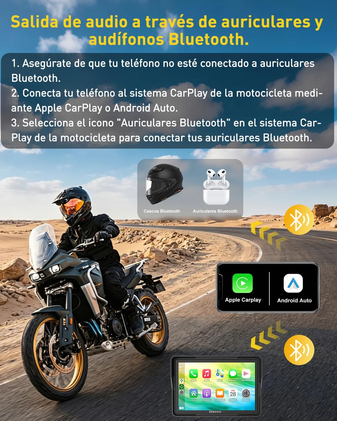 ESSGOO Carplay Moto 5 Pulgadas Pantalla Táctil, Android Auto GPS Navegador, Inalámbrico, IP67, Dual Bluetooth