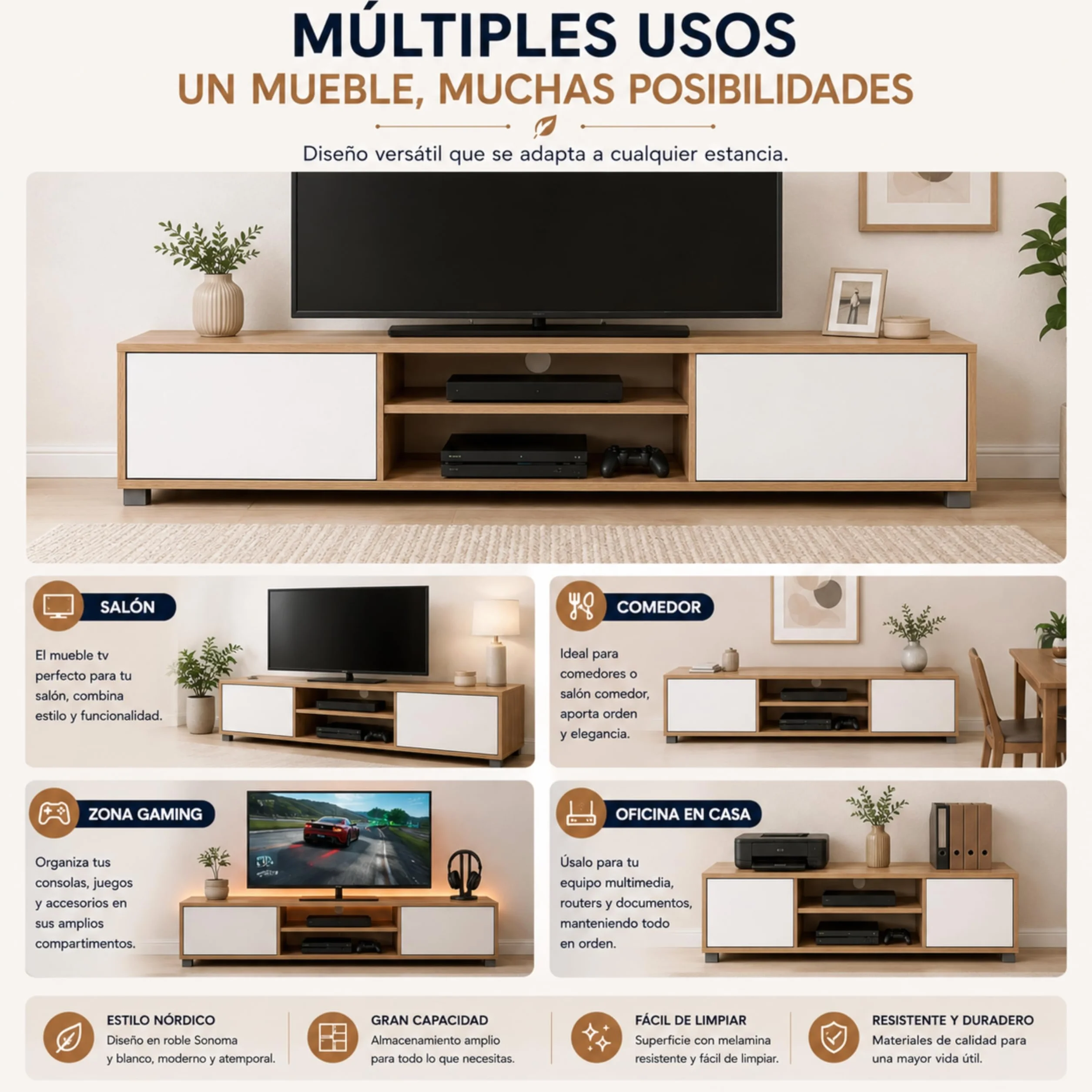 Mueble TV Salon Mesa para TV Color Roble y Blanco 180 x 40 x 41 cm. Atenea