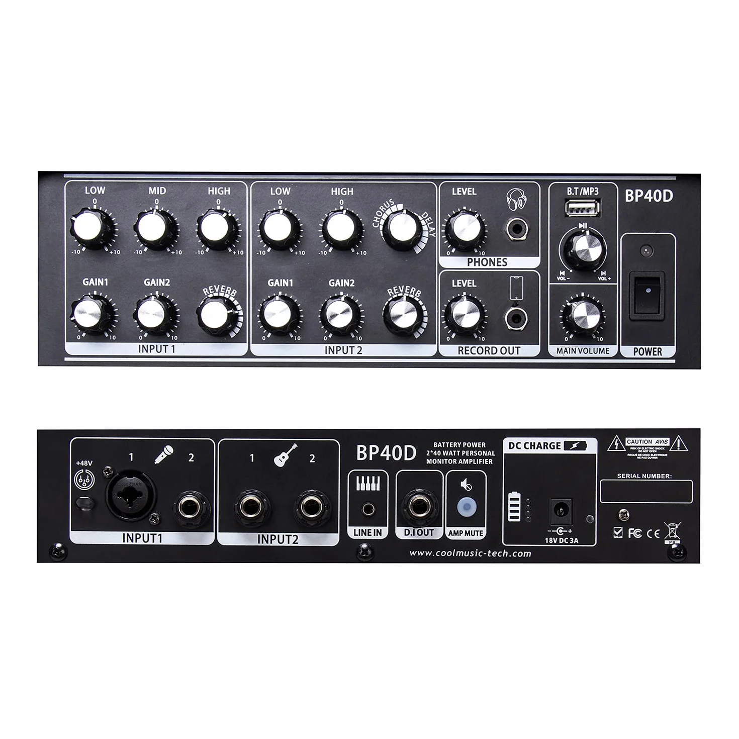 Coolmusic BP40D Amplificador de Guitarra acústica - Altavoz Bluetooth portátil de 80 W W/batería con Efecto de retardo de Coro reverberación, 6 entradas, Ecualizador de 3 Bandas