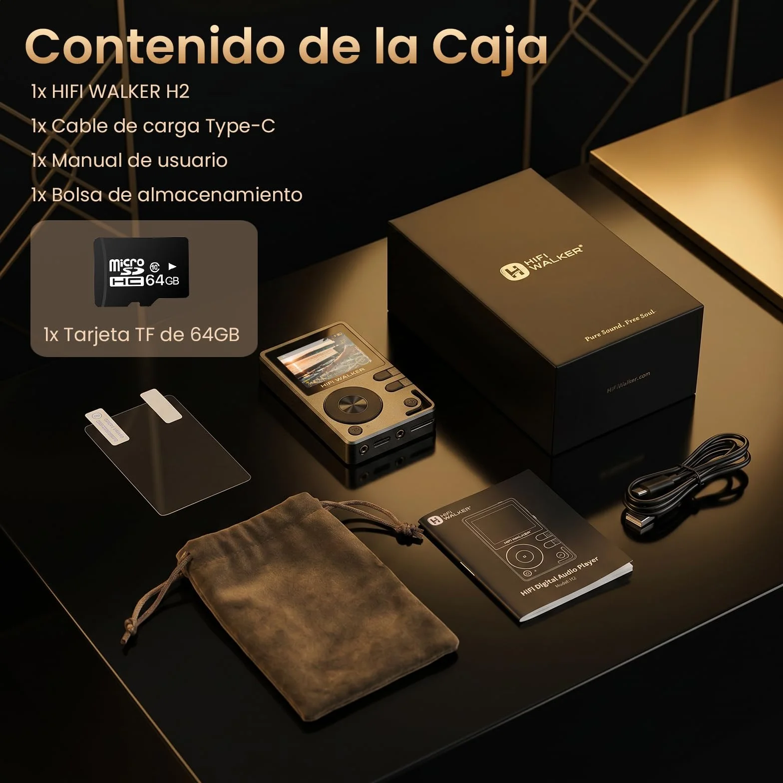HIFI WALKER H2 Reproductor MP3 Hi-Res con Bluetooth 5.2, Reproductor de Música Lossless con DAC ES9018K2M, DSD128 Nativo 32bit/384kHz, Cuerpo de Aleación de Zinc, Tarjeta SD 64GB Incluida