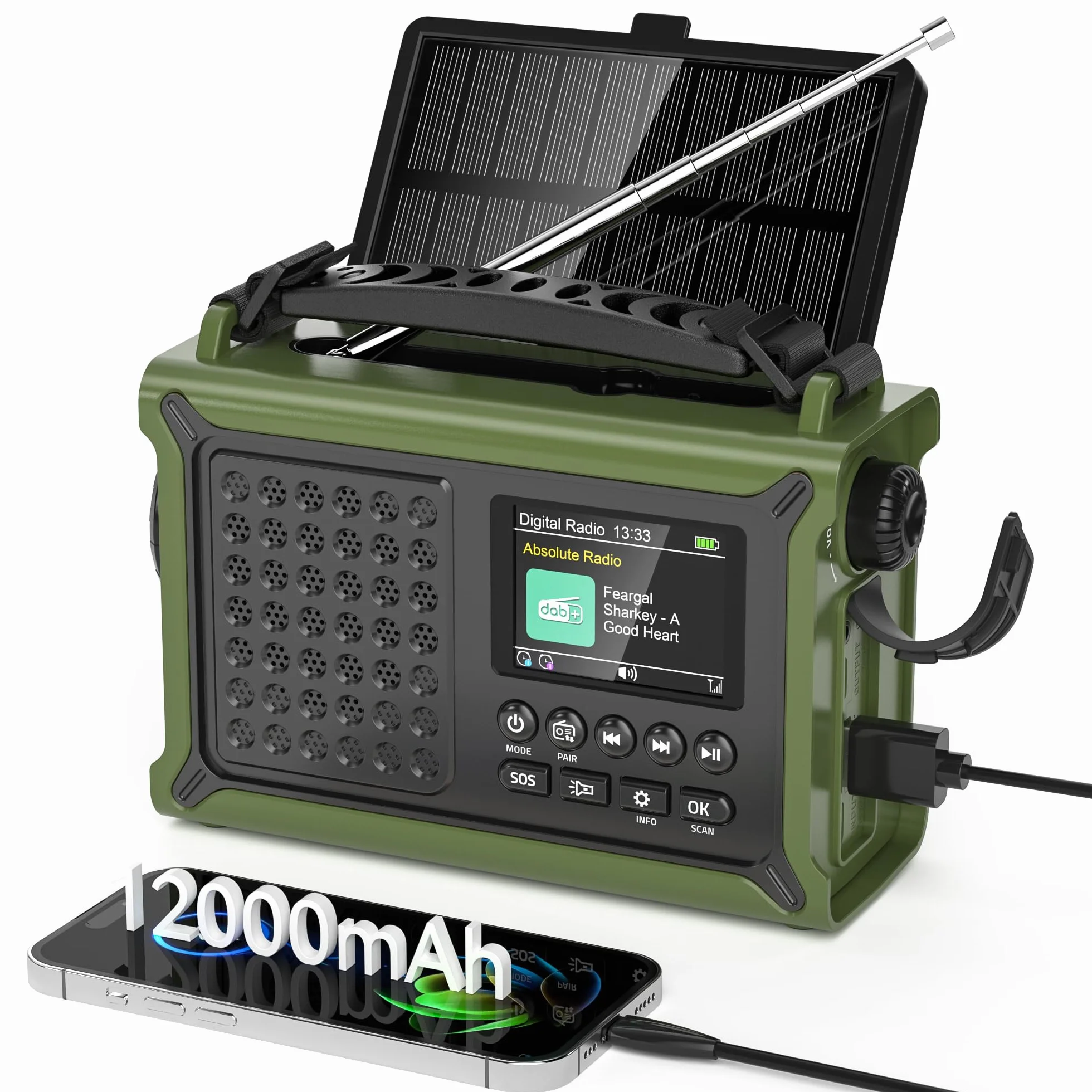 Radio Portátil Dab+/Dab/FM, Radio Solar con Manivela con Batería Recargable de 12000 mAh, Radio con 80 Emisoras Presintonizadas, Pantalla LED TFT de 2,4", Alarma SOS para Senderismoa, Camping