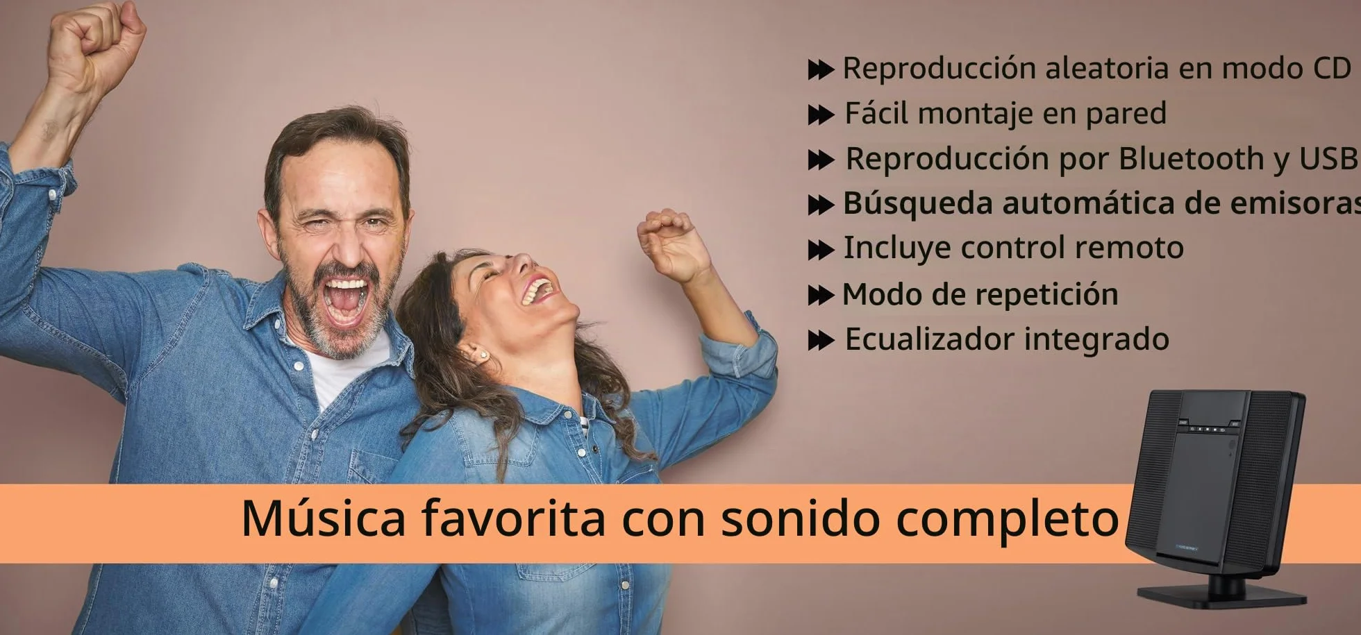 Equipo de Música Vertical MCD-60 (Reproductor CD/MP3, USB, Bluetooth, Entrada Aux, Montaje de Pie o Pared, Incluye Mando a Distancia) Negro