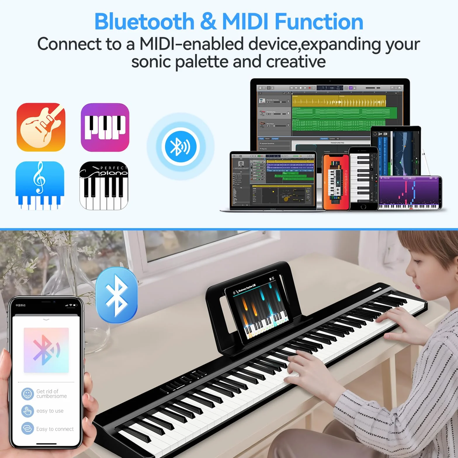 TERENCE Teclado de piano Piano digital portátil de 88 teclas con soporte Z, teclado semipesado para principiantes y expertos, función de grabación de audio integrada, interfaz MIDI Bluetooth.