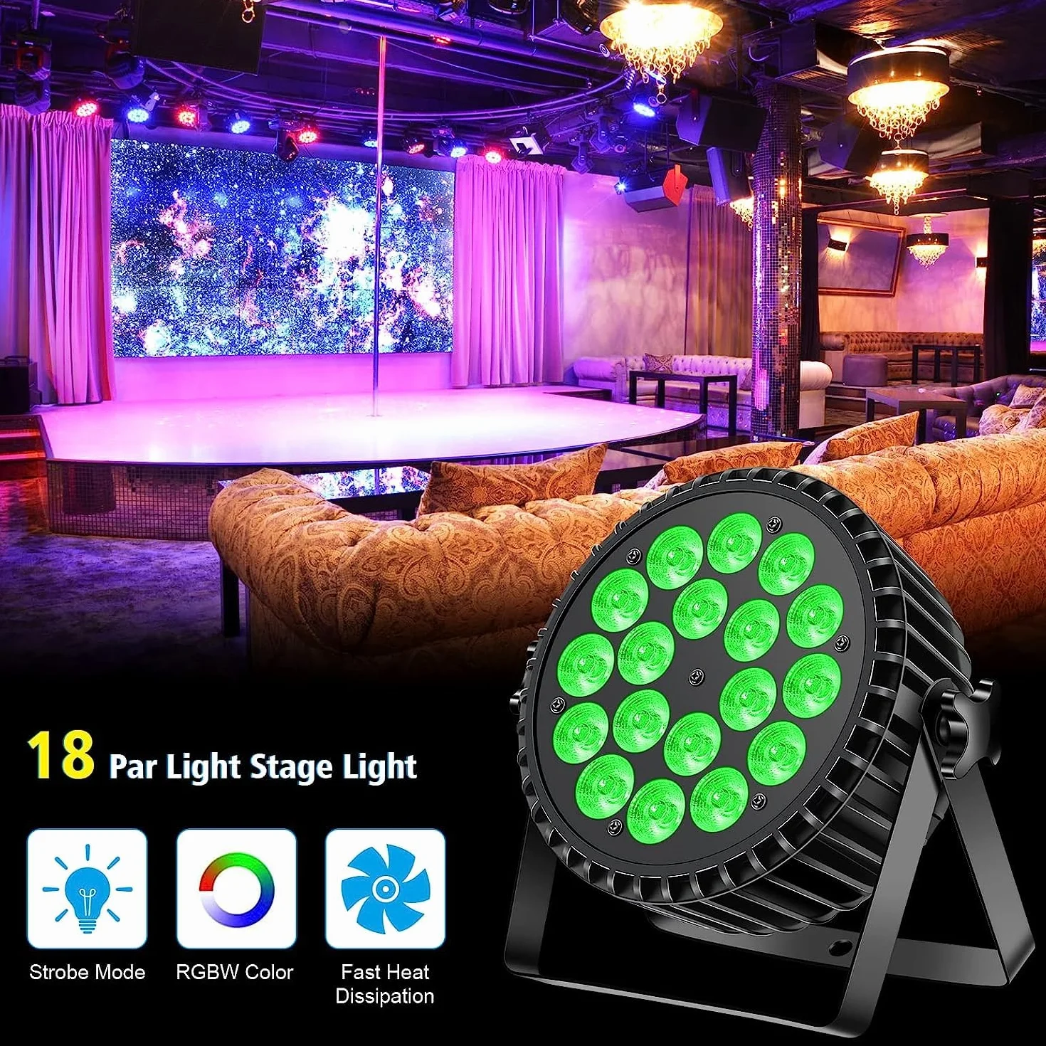 2PCS 200W 18 LED Foco Led Par de Faros Par de Luz RGBW+DMX8CH Strobe Sound Modo Activo LED Luces de Escenario Foco de Discoteca Luz de Fiesta Para Bodas/Fiestas/Iglesia/Club/DJ en Vivo Show