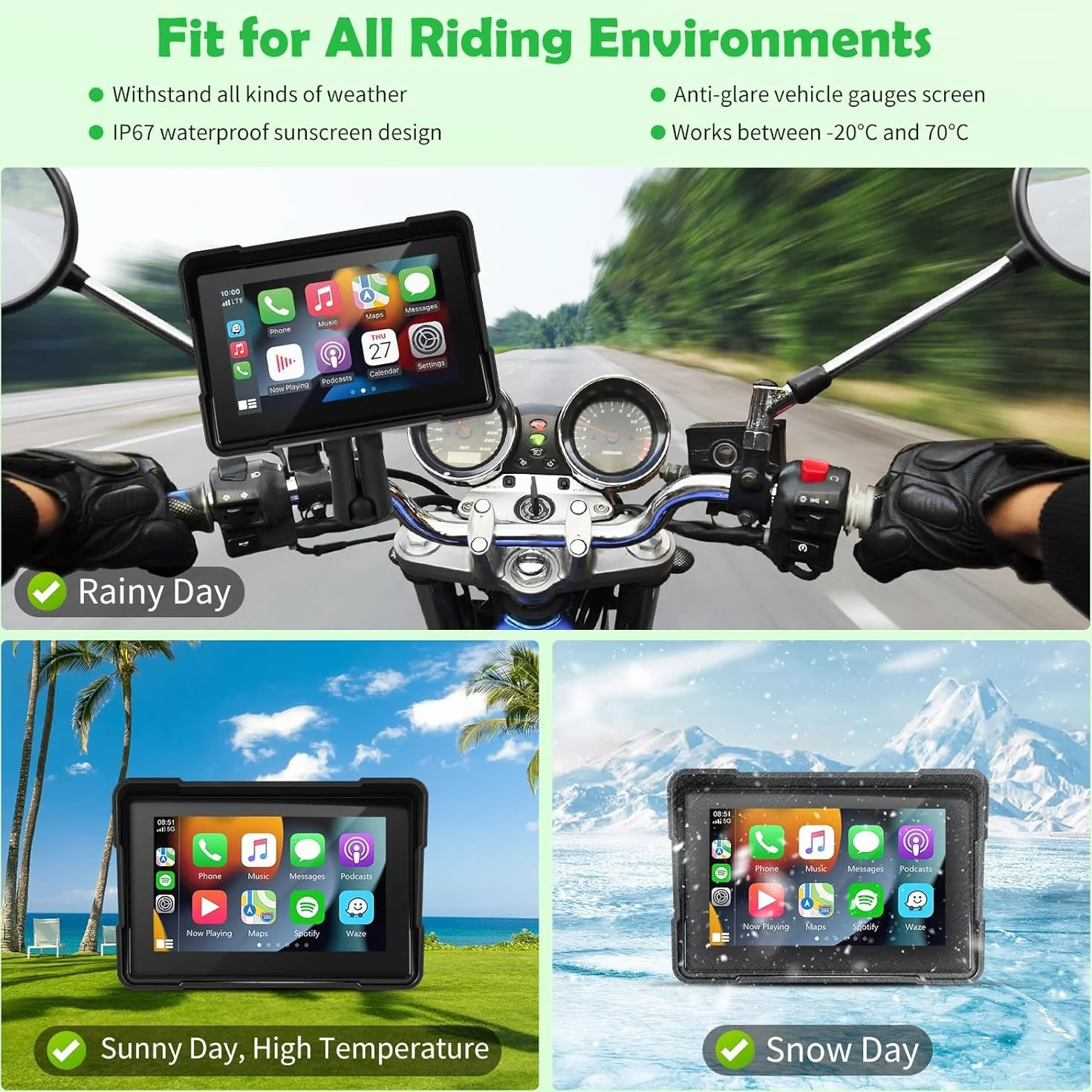 Carplay de Motocicleta y Android Auto, Euakee Carplay con Pantalla Táctil Impermeable de 5 Pulgadas, Sistema de Navegación GPS Inalámbrico Portátil para Motocicleta, Soportes de Montaje Incluidos