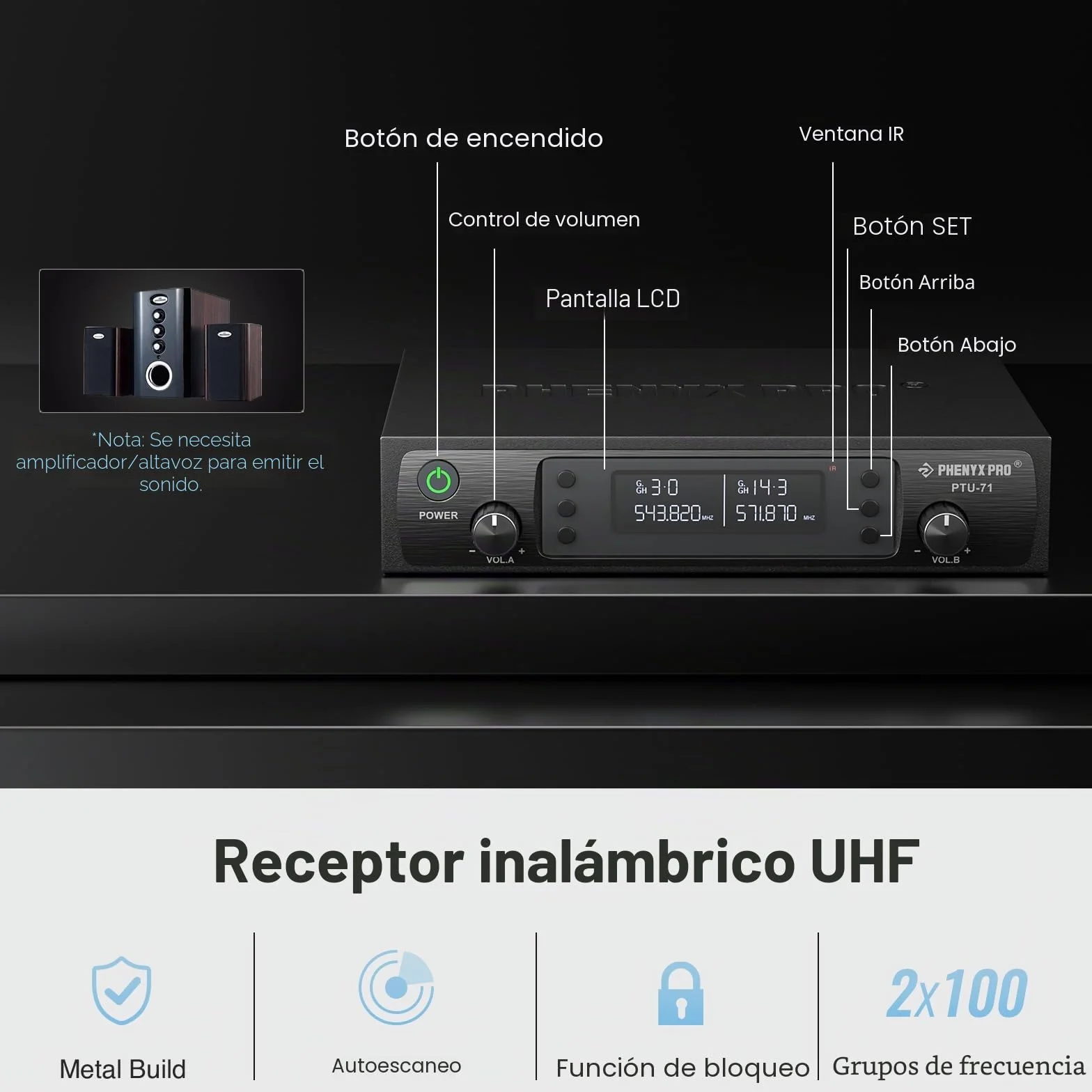 Phenyx Pro Sistema de micrófono inalámbrico, Juego de microfono Karaoke de Doble Canal con Mano/bodypack/Auriculares/Solapa, 2x100 Canales, Ideal para Eventos, Iglesia (PTU-71B)