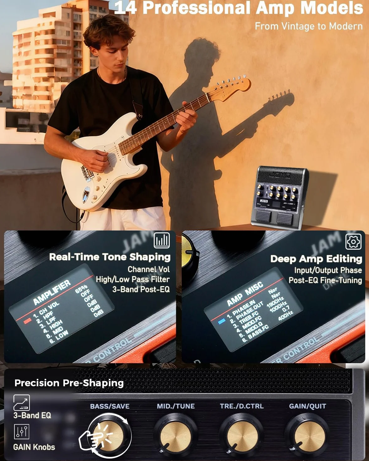 JOYO - Amplificador combinado de guitarra de 10 W portátil con pedal multiefectos – 14 modelos de amplificador, 3 bandas, 36 ritmos & Looper, grabación OTG, Bluetooth (Jam Buddy II, Gris)
