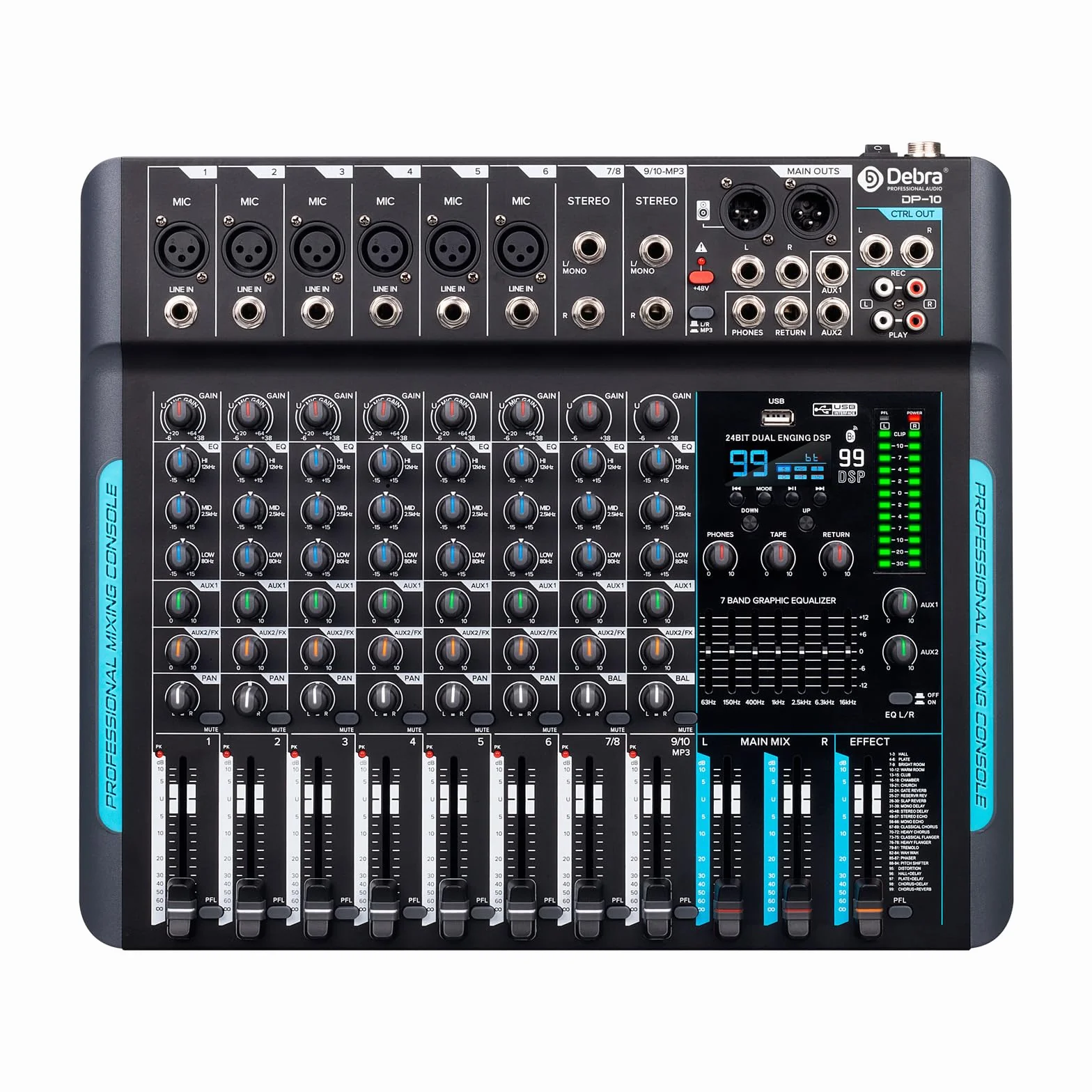 Mesa de mezclas DJ DP-10 profesional 10 canales – Mezclador de audio con USB y 99 efectos DSP – Interfaz para podcast, karaoke y sonido en vivo