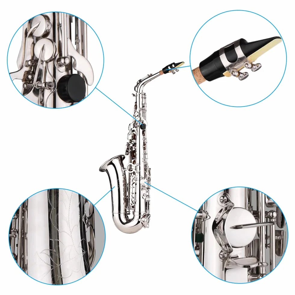 Btuty Saxofón Sax Eb Alto Latón E Plano con Patrón Tallado en Superficie, Boquilla de Plástico Exquisita con Guantes, Paño de Limpieza, Cepillo, Correas