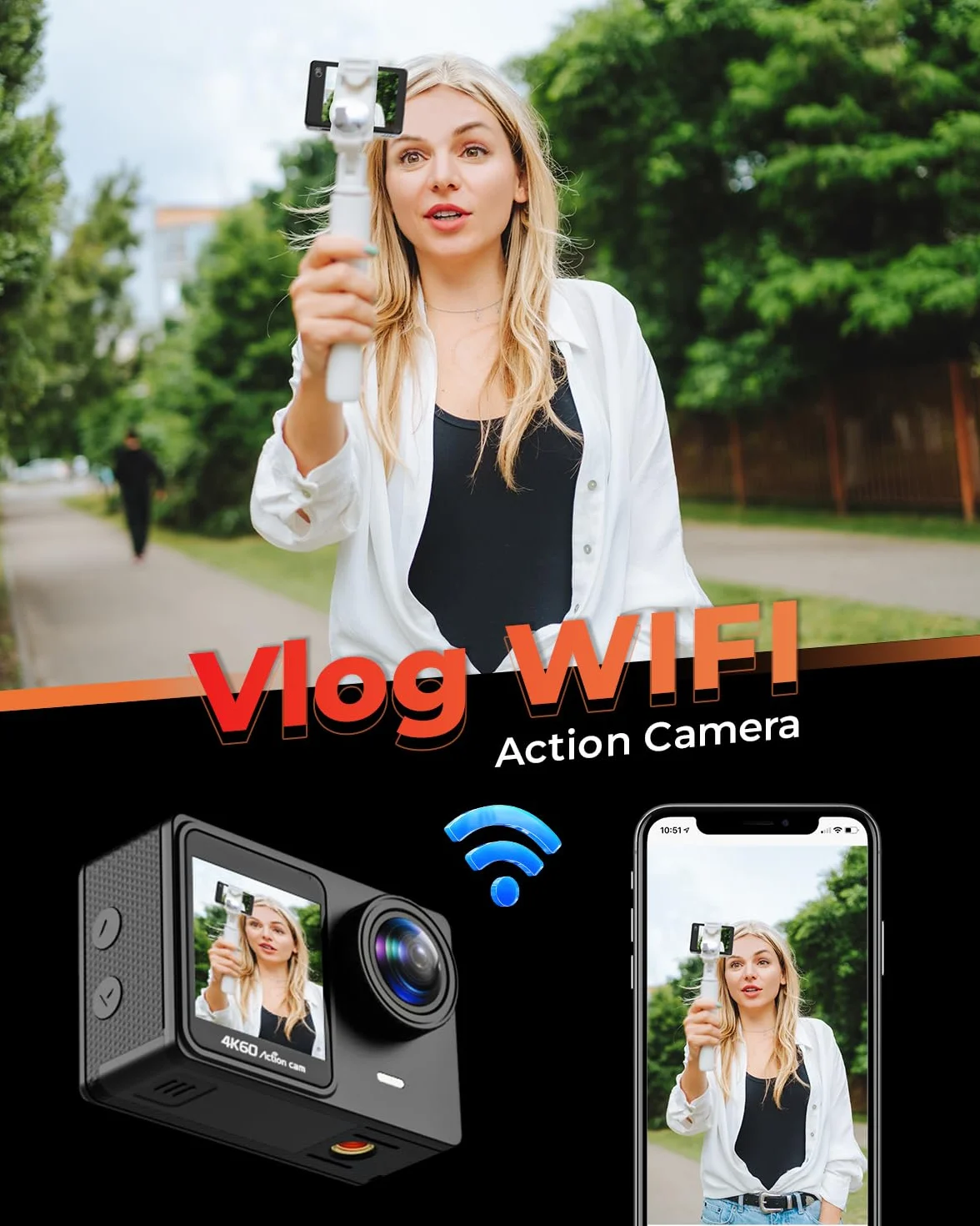 Cámara Deportiva 4K 60FPS con 64GB Tarjeta SD, 131FT Acuática, 24MP HD, 8X Zoom WiFi, 2x1350mAh Baterías