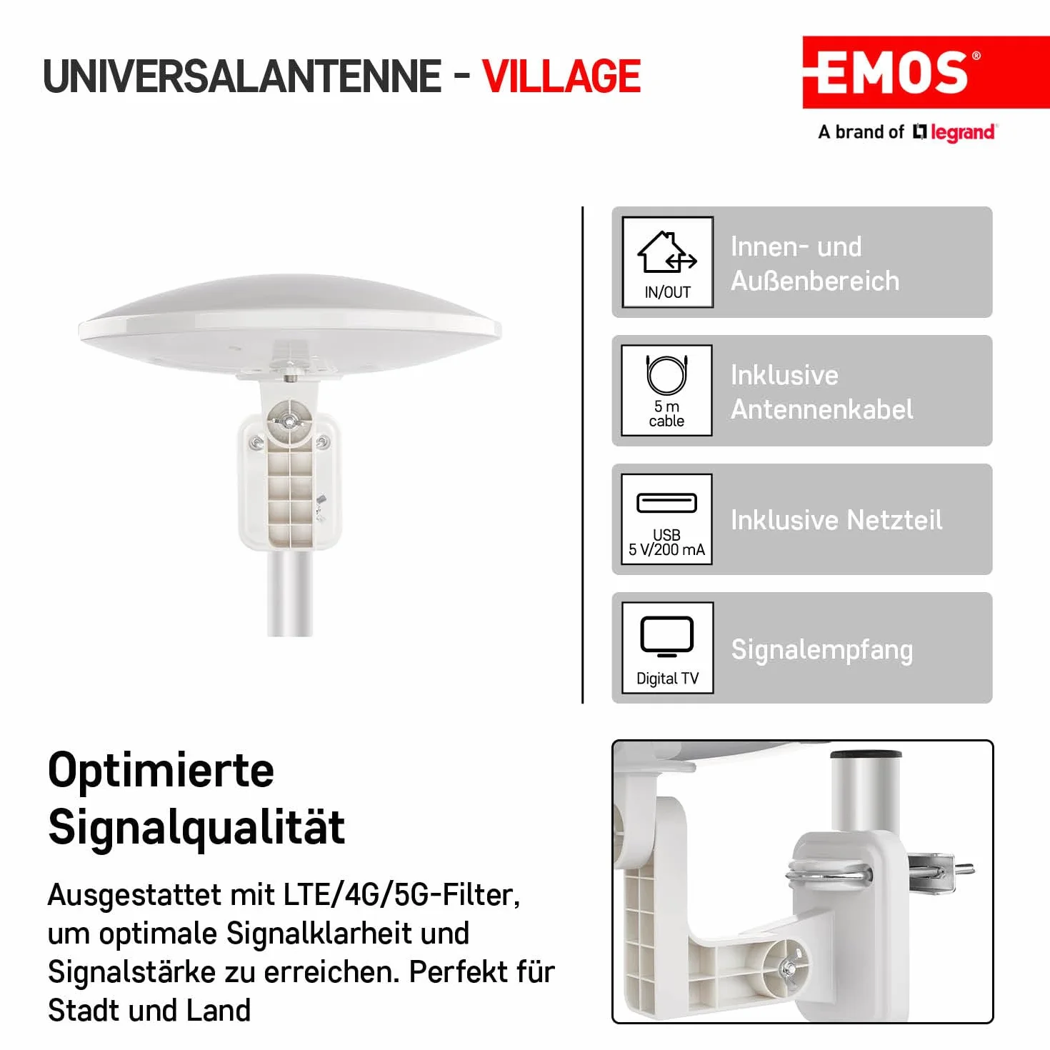 EMOS Antena Digital Activa Village, Exterior, FM/Dab/DVB-T/T2, Amplificador, LTE/4G/5G, Alcance 0–80 km, 360°, Resistente Intemperie/UV