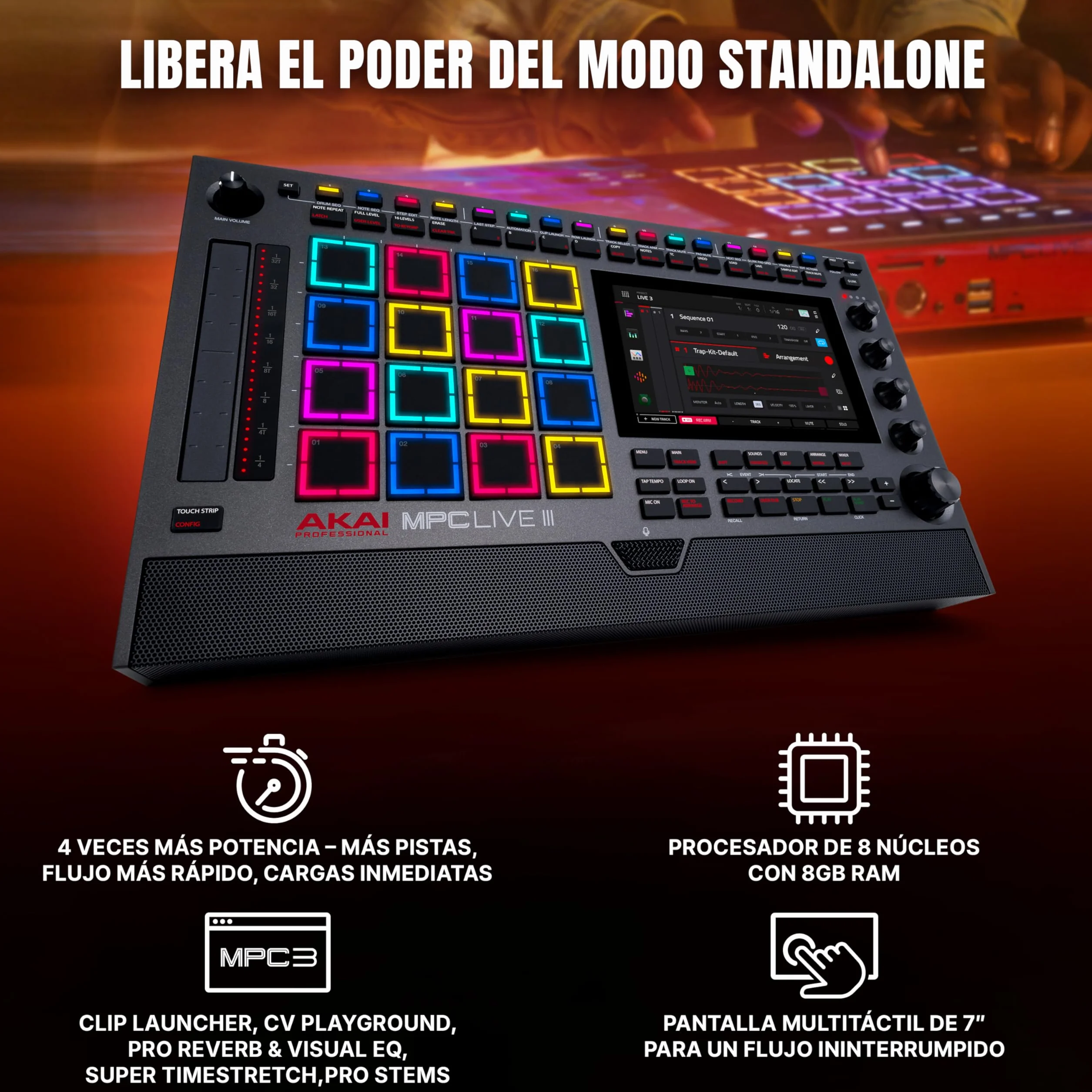 Akai Professional MPC Live III Centro de Producción Musical portátil y Autónomo con Pads MPCe, Secuenciador, Pantalla táctil, Micrófono, Altavoces, Interfaz de Audio, Wi-Fi, Bluetooth, Batería