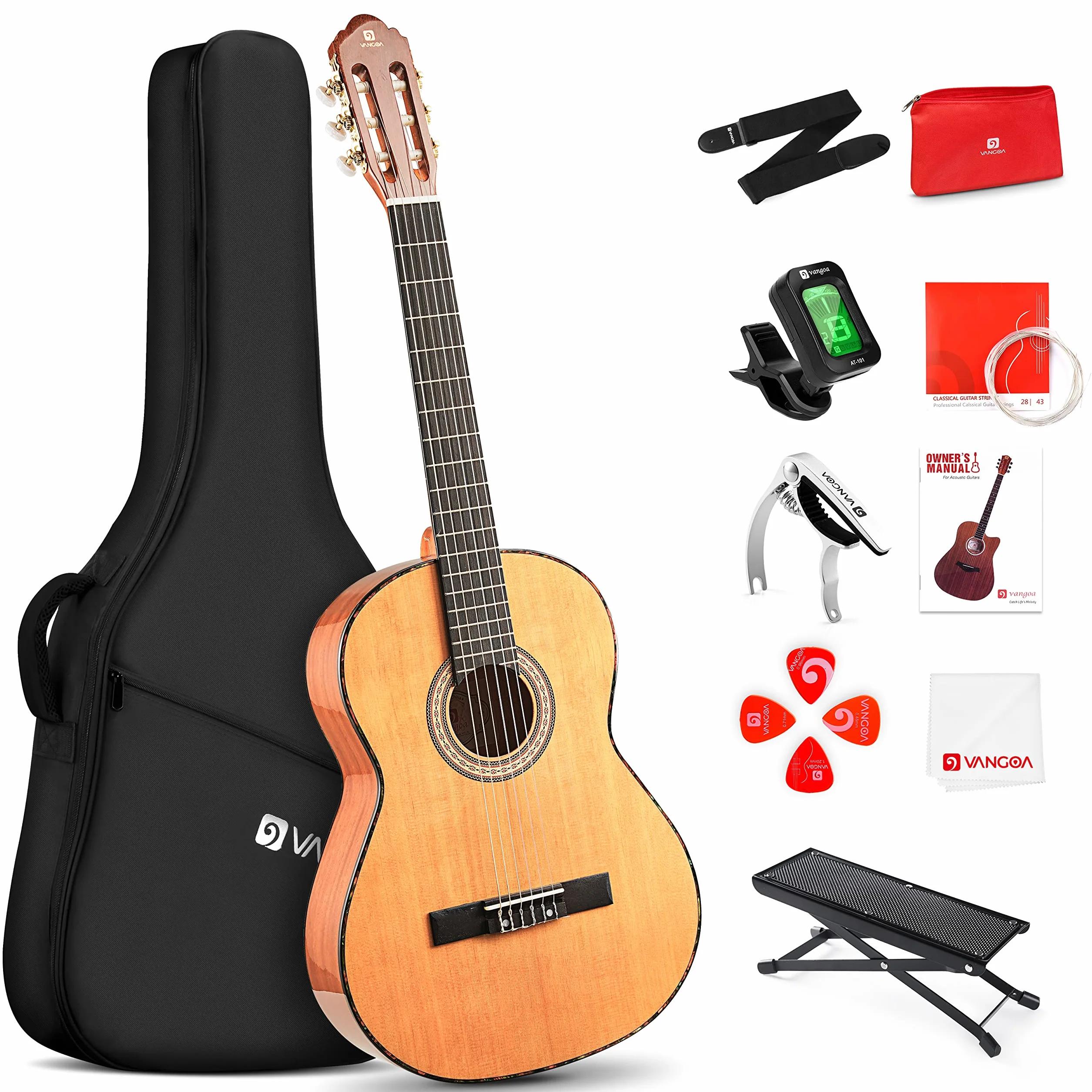 Vangoa Guitarra Clásica Española 4/4 Starter Set, Acústica De Sapeli Y Pino Rojo, Cuerdas De Nylon, Con Estuche, Pedal Y Afinador