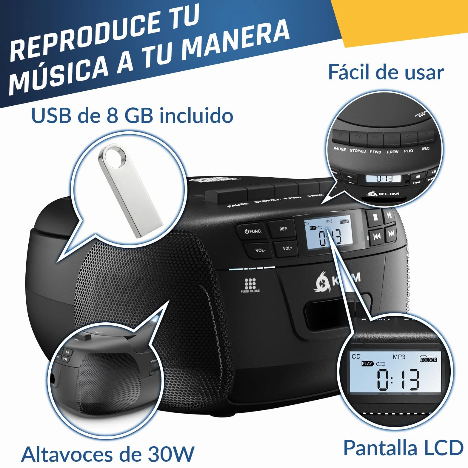 KLIM Reproductor CD Cassette Radio AM/FM Bluetooth Control Remoto AUX Grabación Cinta Estéreo