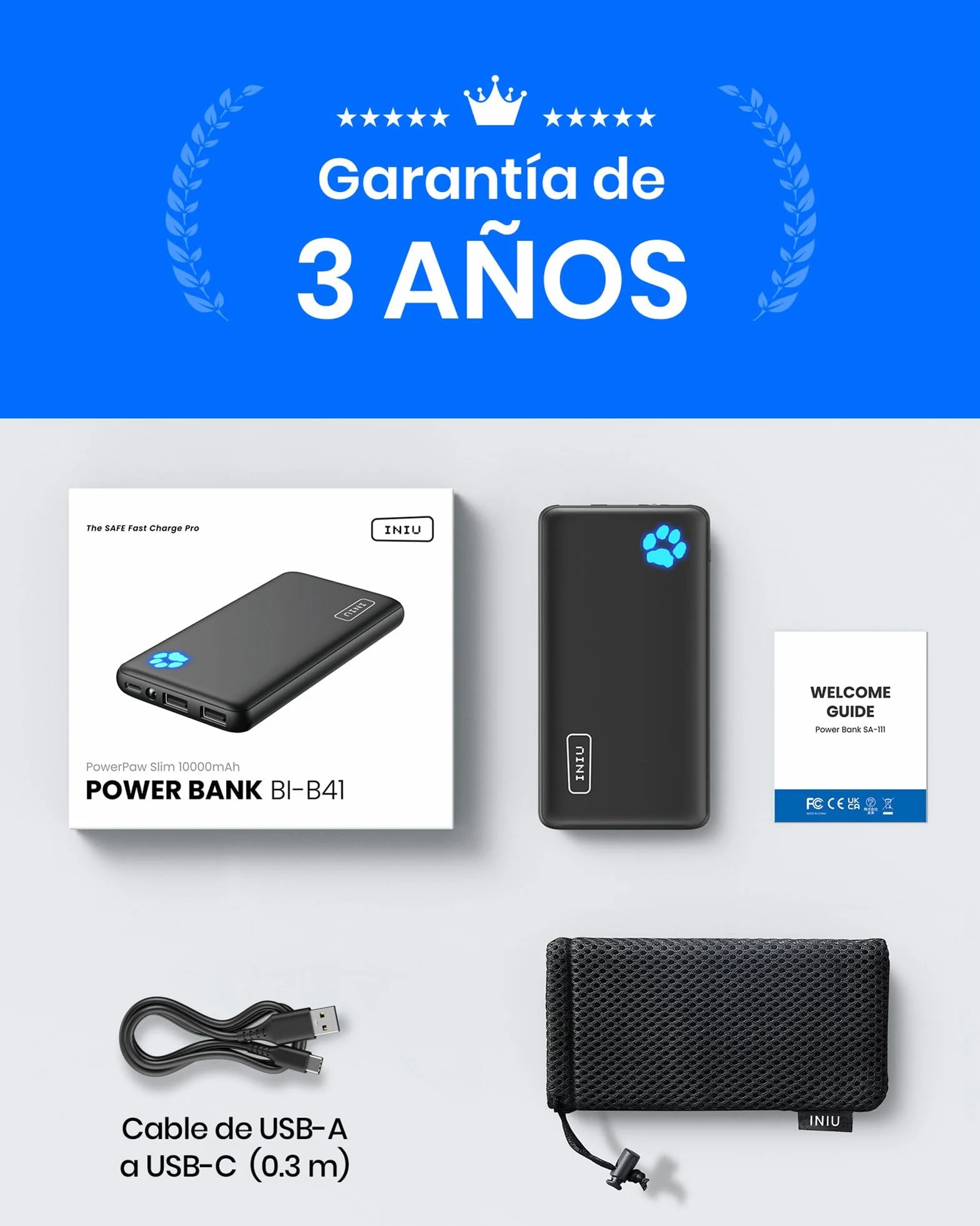 INIU Power Bank 10000mAh Triple 3A Alta Velocidad USB-C Bateria Externa Portatil con Linterna