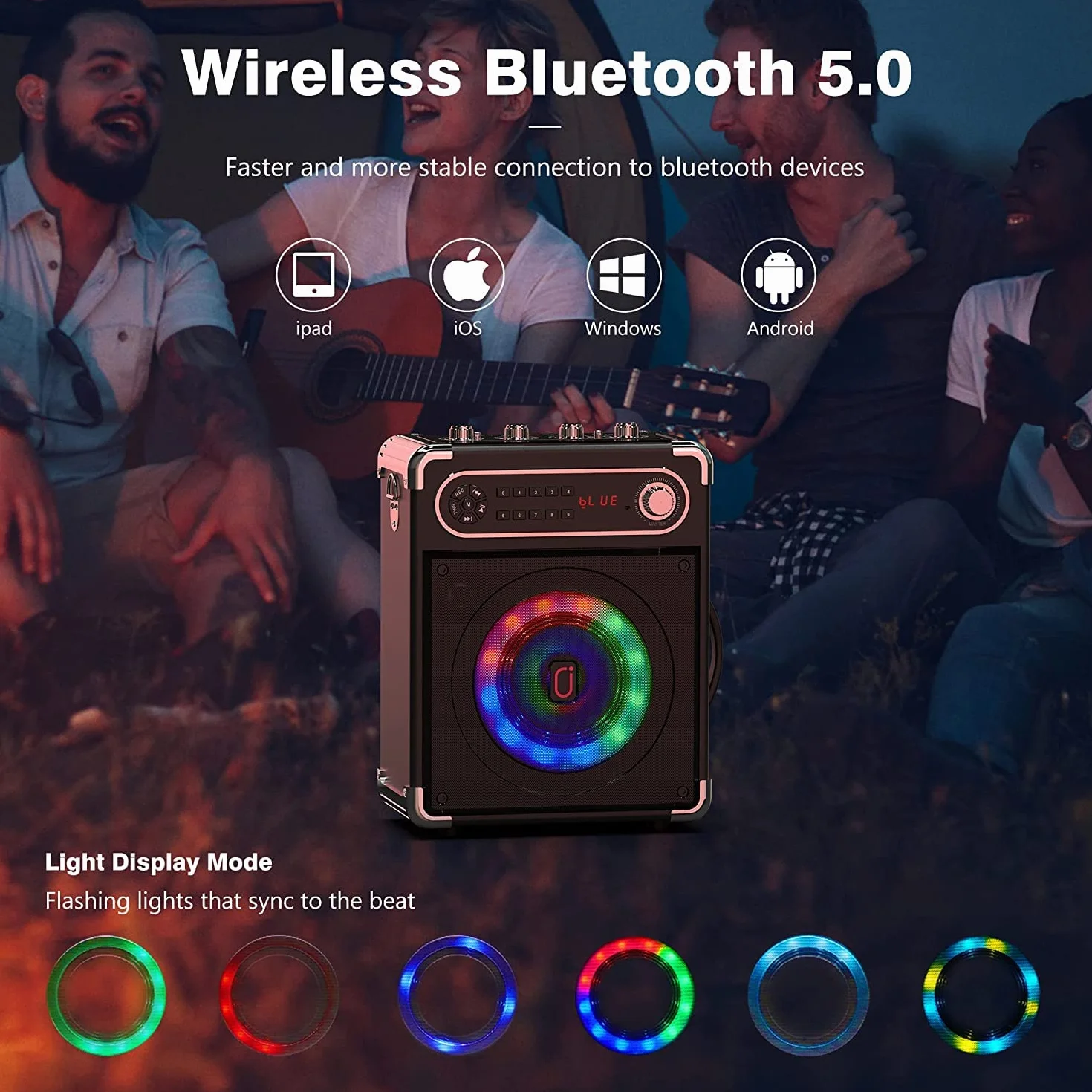 Altavoz Bluetooth, altavoz inalámbrico portátil, caja de música con luces LED de colores mixtos y 2 micrófonos, fuerte con graves potentes, compatible con tarjeta USB/TF/AUX/FM/Rec para fiestas