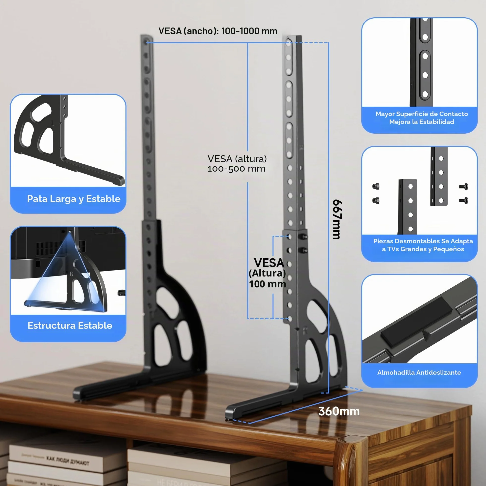 XINLEI Soporte Universal para TV de 22 a 85 Pulgadas, Base metálica antivibración, Patas de Repuesto robustas y Ajustables, VESA máx. 1000 x 500 mm, Capacidad de Carga 55 kg ML1760E