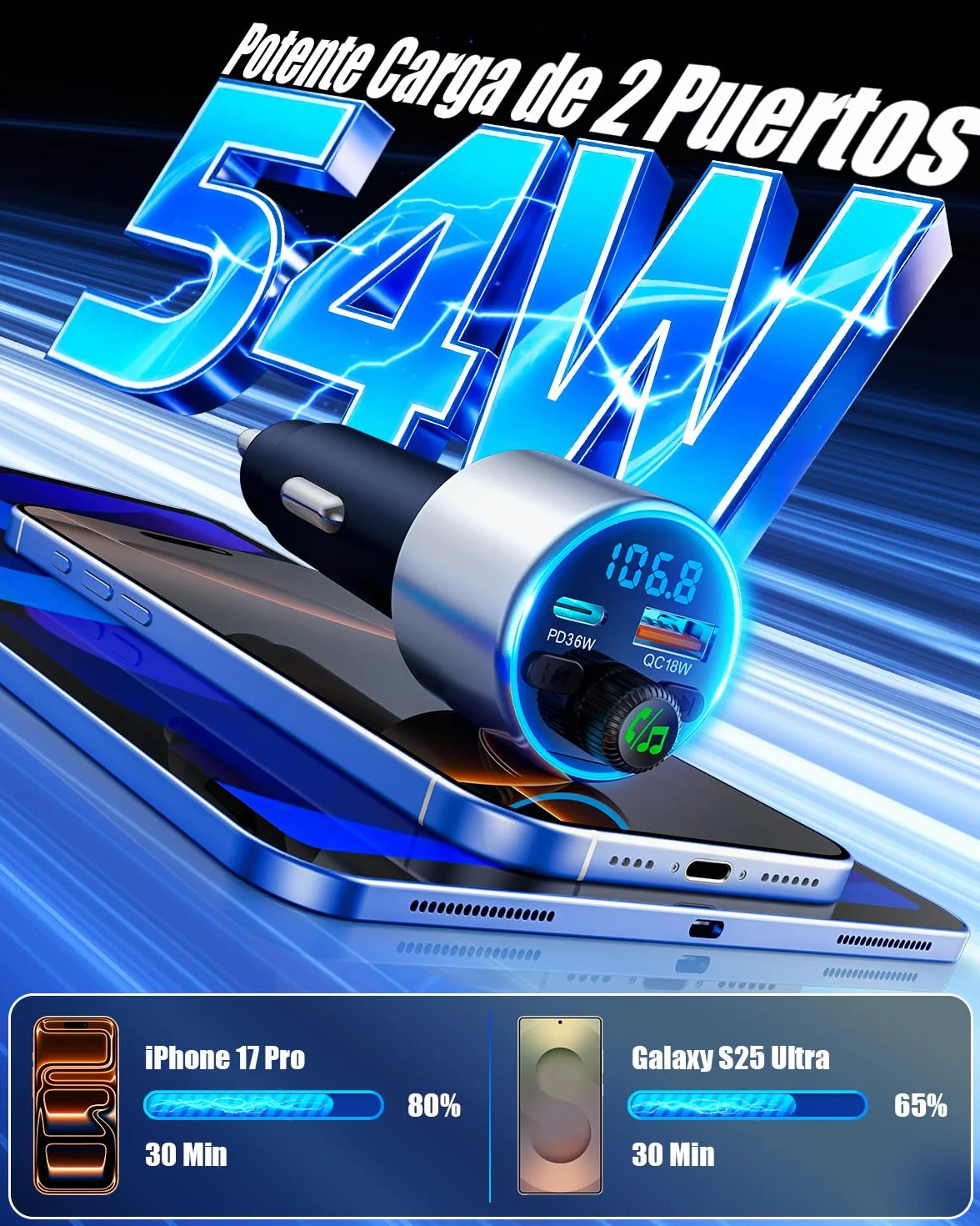 Transmisor FM Bluetooth Coche 5.3 Cargador Mechero Coche PD36W QC3.0 Adaptador Bluetooth Vehículos