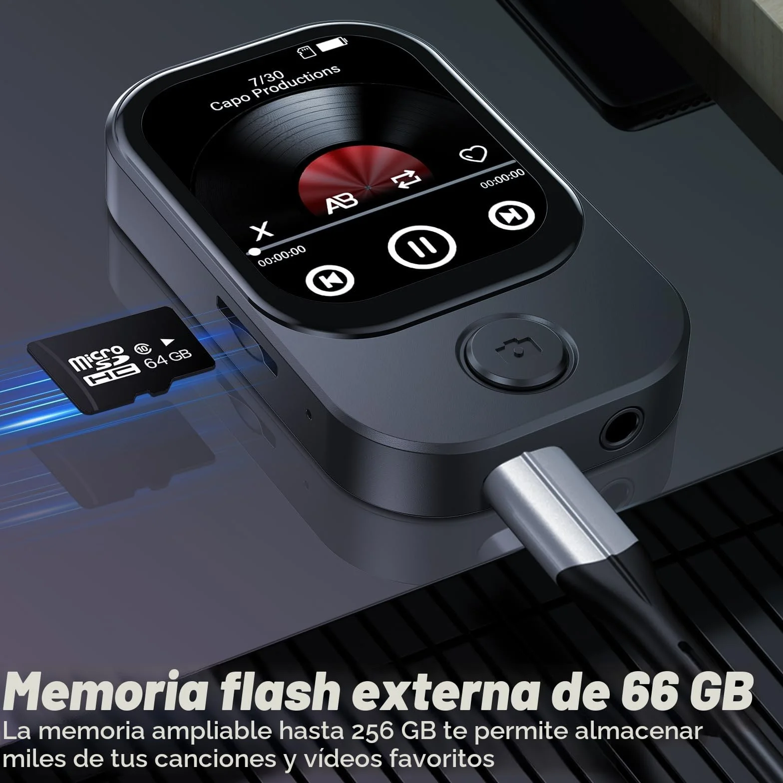 Reproductor MP3 Bluetooth 5.4 64GB Cámara Abatible 180° Altavoz HD Radio FM eBook Negro
