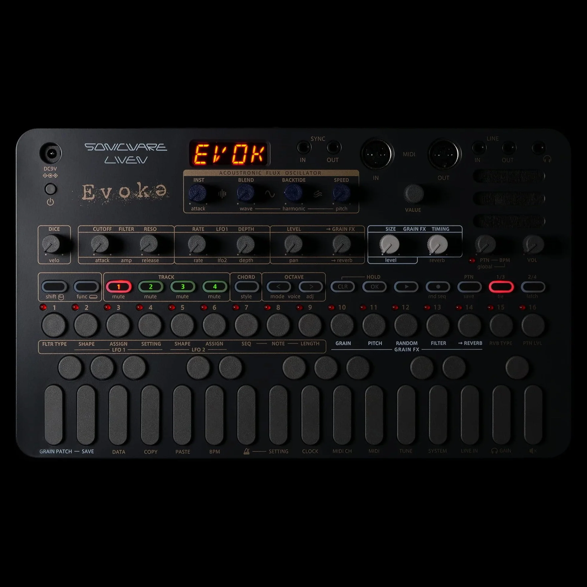 Sonicware Liven Evoke [Sintetizador Acoustronic con efecto granular] - Sintetizador portátil para producción musical ambiental cinematográfica y posclásica, alimentado por batería