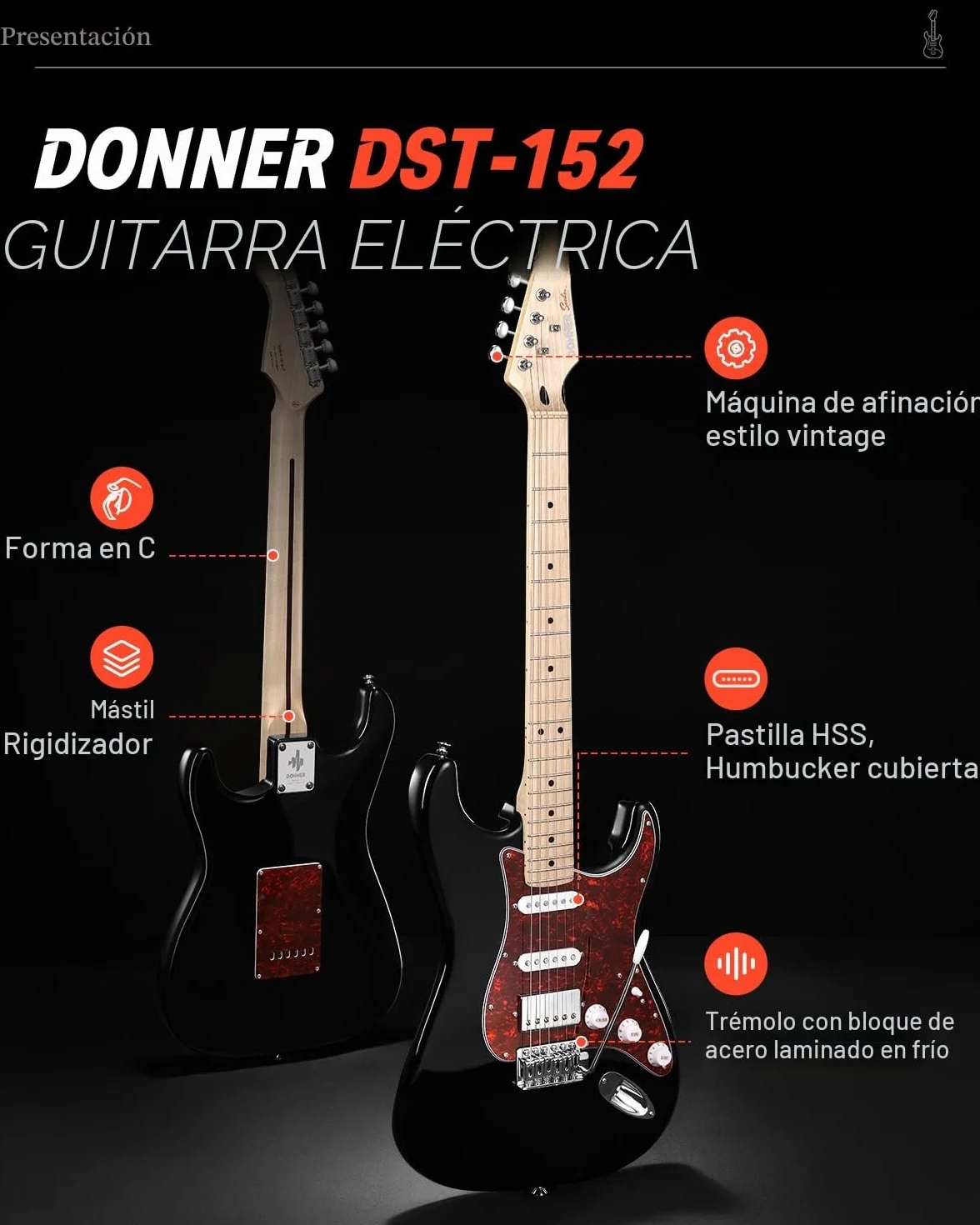 Donner Guitarra Electrica, Pack Guitarra Electrica de Tamaño Completo HSS Pickup Coil Split, Kit Guitarras Eléctricas con Amplificador, Accessories, DST-152B Negro