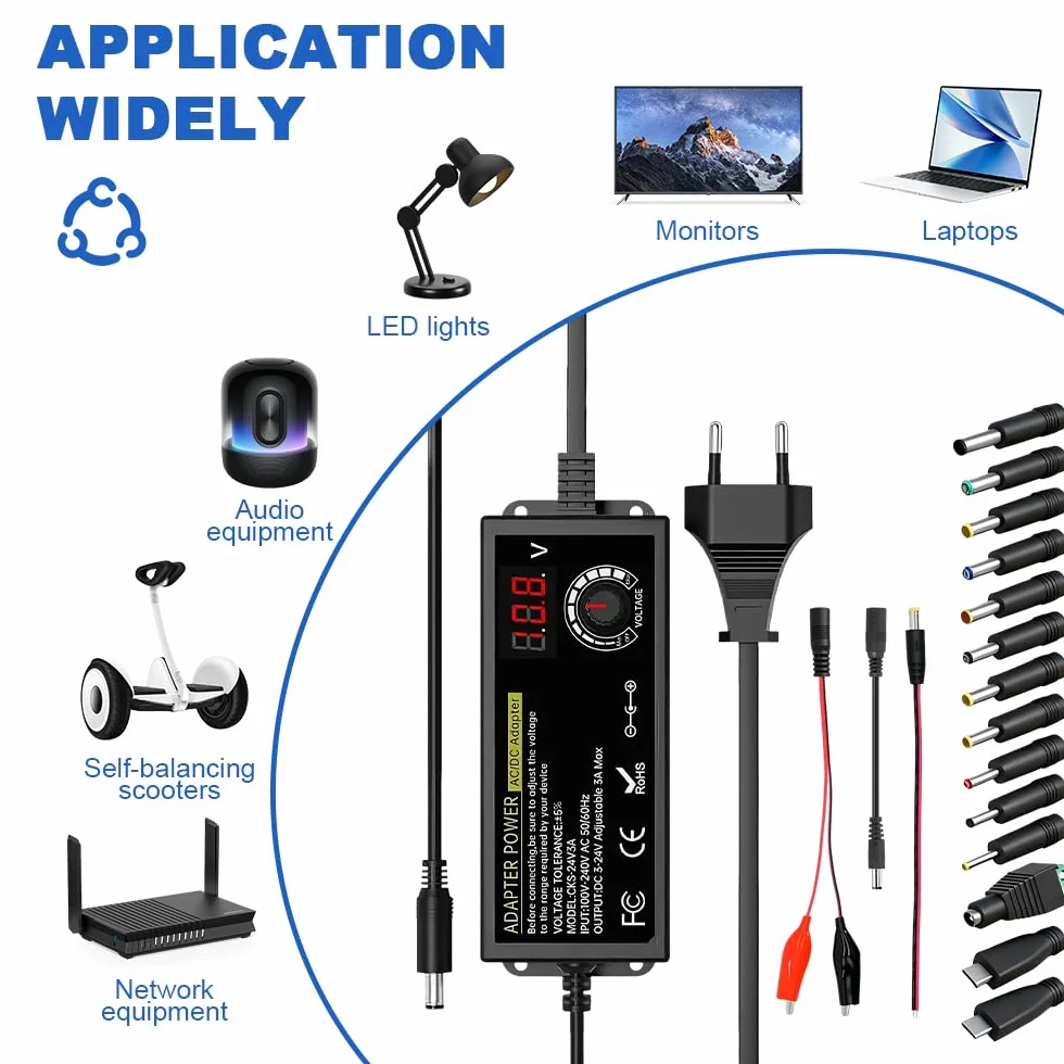 Fuente de Alimentación Universal 3V-24V, Fuente de Alimentacion Regulable 3A 72W, 100-240V AC a DC Adaptador de Corriente Universal con Pantalla Digital y 14 Conectores, Motor CC, 3A Máx