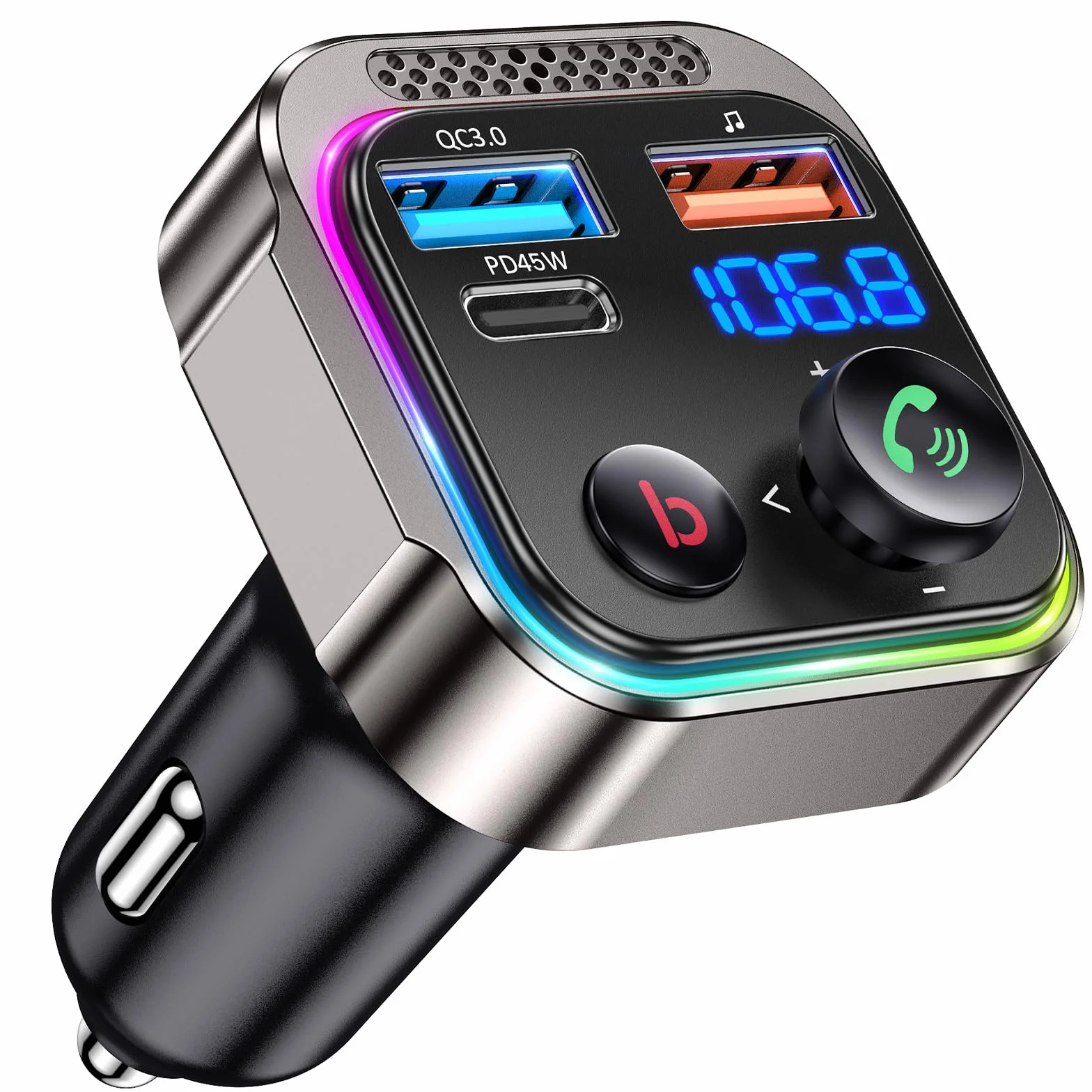 GizmoVine Bluetooth FM Transmitter Car Charger 63W PD 45W 18W Dual USB LED Handsfree Zinc Alloy