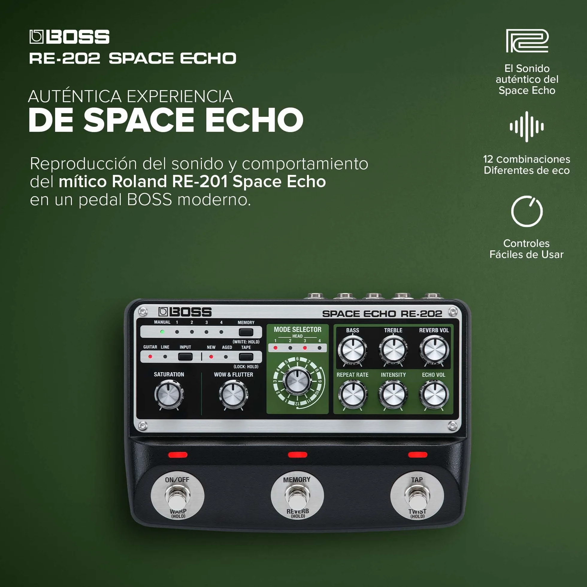 BOSS RE-202 SPACE ECHO – Pedal de efectos de cinta de eco, delay y reverb. Moderna recreación avanzada del mítico Roland RE-201 Space Echo. Estéreo verdadero. Reverb de muelles verdadera.
