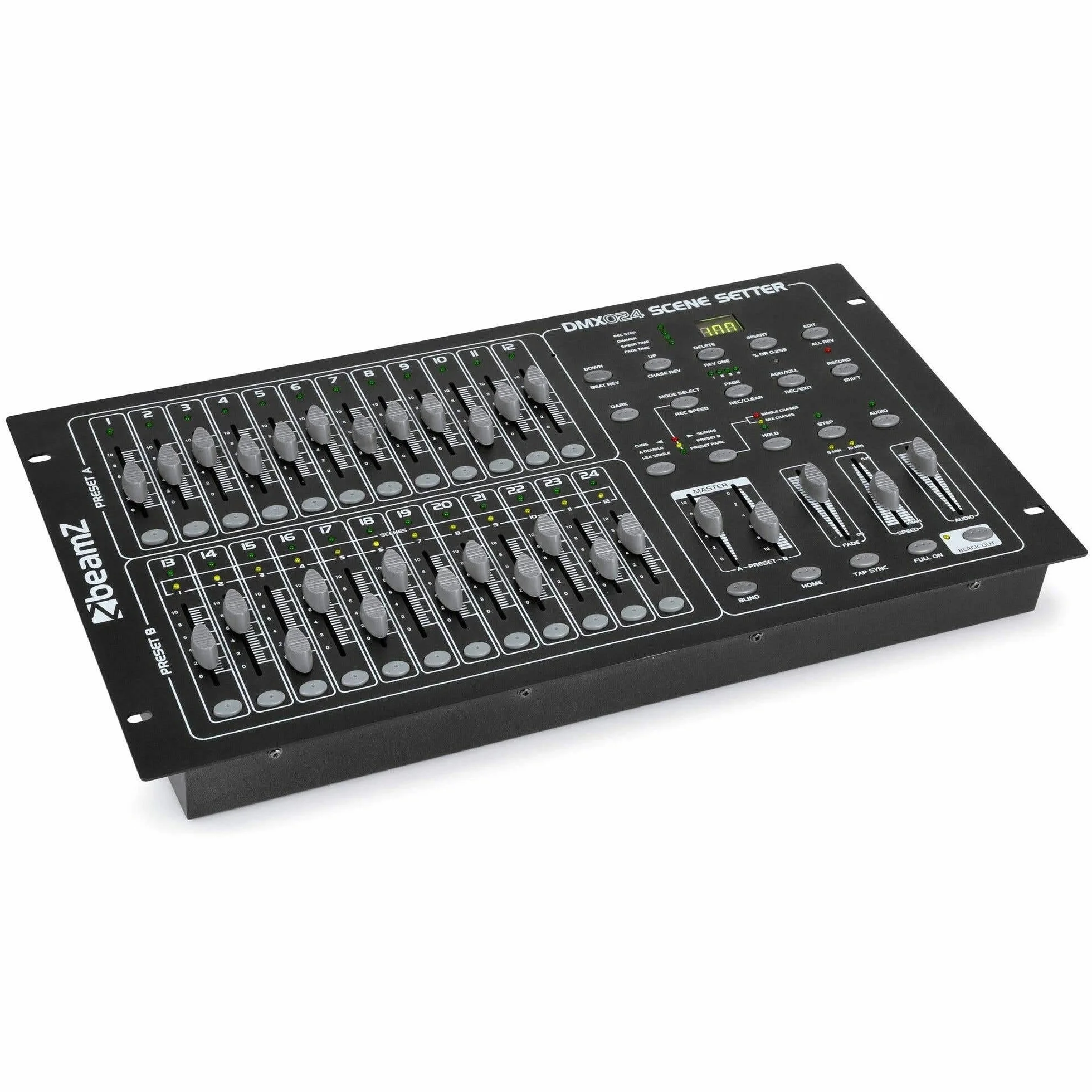 Beamz DMX-024 Controlador DMX con 24 canales, 48 programas, conexión por DMX o MIDI, opción de trigger externo, micrófono incorporado para detectar la música, formato 19" para rack o flightcase